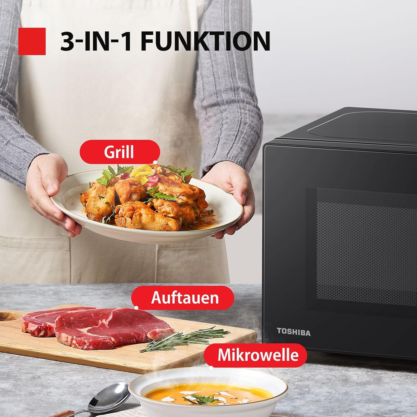 Toshiba MW2-MG20PF (BK) / GE magnetron met crispy grill & combi-functie, 5 vermogensniveaus, 1000 W grillvermogen, zwart Toshiba MW2-MG20PF (BK) /GE magnetron/magnetron met grill/20L 【Combinatiekoken】 Combinatiekoken is speciaal ontworpen voor het grillen