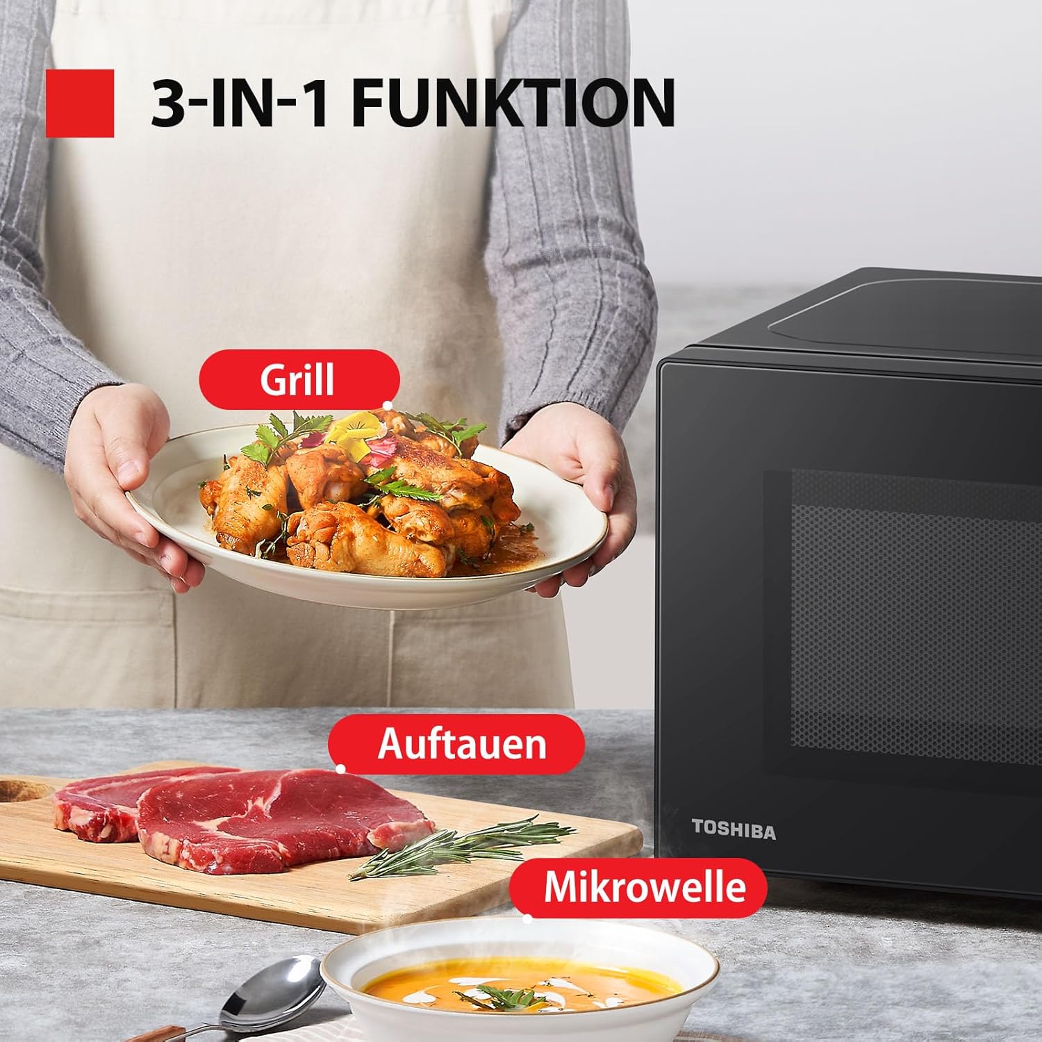 Toshiba MW2-MG20PF (BK) / GE magnetron met crispy grill & combi-functie, 5 vermogensniveaus, 1000 W grillvermogen, zwart Toshiba MW2-MG20PF (BK) /GE magnetron/magnetron met grill/20L 【Combinatiekoken】 Combinatiekoken is speciaal ontworpen voor het grillen