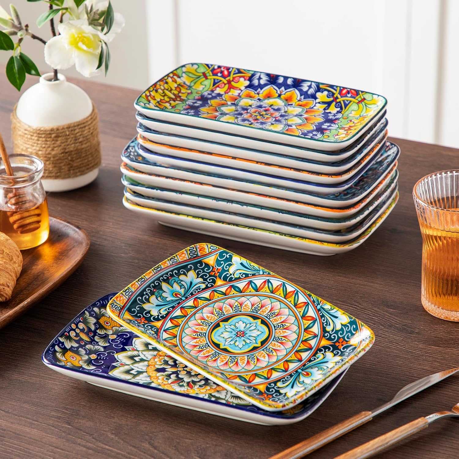 vancasso SIMI Serveerborden, porselein, rechthoekige bordenset, 6-delige Boheemse platte borden, bordenset voor 6 personen, 22 x 13 x 2,3 cm Uniek Boheems design: deze prachtige keramische set met sushi-borden en vervlochten bohemienpatroon geeft je eetta