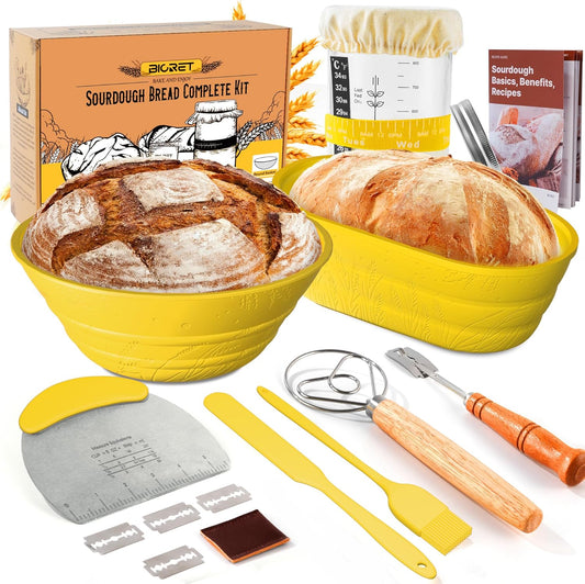 Gaarmandje Set, 23 cm Ronde en 26 cm Ovale Siliconen Compleet Zuurdesem Brood Set - Alles wat je nodig hebt voor broodbakken is inbegrepen. Ontvang de bakset met een 34 oz Starter Jar Kit, 9'' Ronde Silicone Brood Proofing Mand, 10'' Ovale Silicone Brood