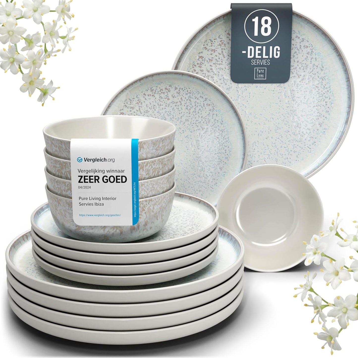 Aardewerk Servies Set Ibiza 36-delig - Vaatwasser-, Magnetron- en Krasbestendig Servies - Moderne Kommen en Borden Set voor 12 Personen - Tafelservice Pure Living in Licht Beige-blauw Deze 36-delige beige-blauwe servies set voor 12 personen combineert ele