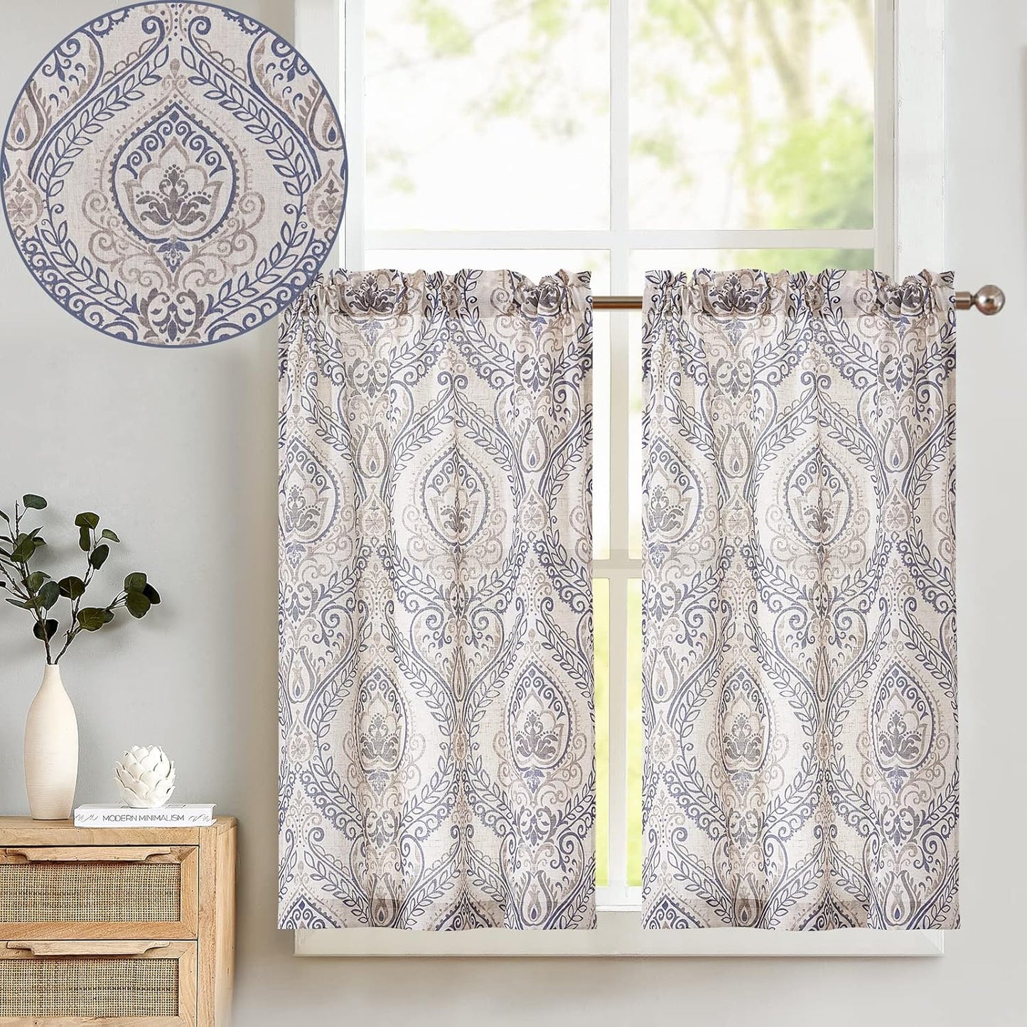 TOPICK Bloemen Keuken Gordijnen 61 cm Drop Linnen Doorschijnend Korte Cafe Botanische Print Kleine Raam Rod Pocket voor Wasruimte Badkamer 2 Panelen Verbena Grijs Verpakking: je ontvangt 2 gordijnen van 85% polyester+15% linnen. De afmetingen per stuk zij