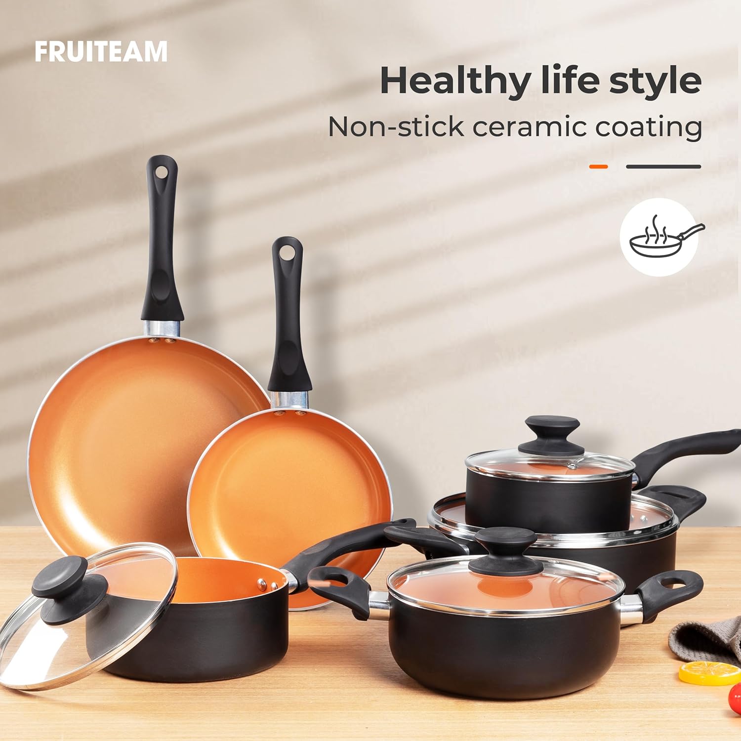 FRUITEAM 10 stks Kookgerei Set Keramische Nonstick Koekenpannenset Multifunctionele 10-delige kookgerei SetFRUITEAM keukengerei set bevat 8" & 10" koekenpan, 1,25-quart & 2-quart saus pan met deksel, 2,59 quart & 4,5-quart bouillonpot met deksel, voldoen