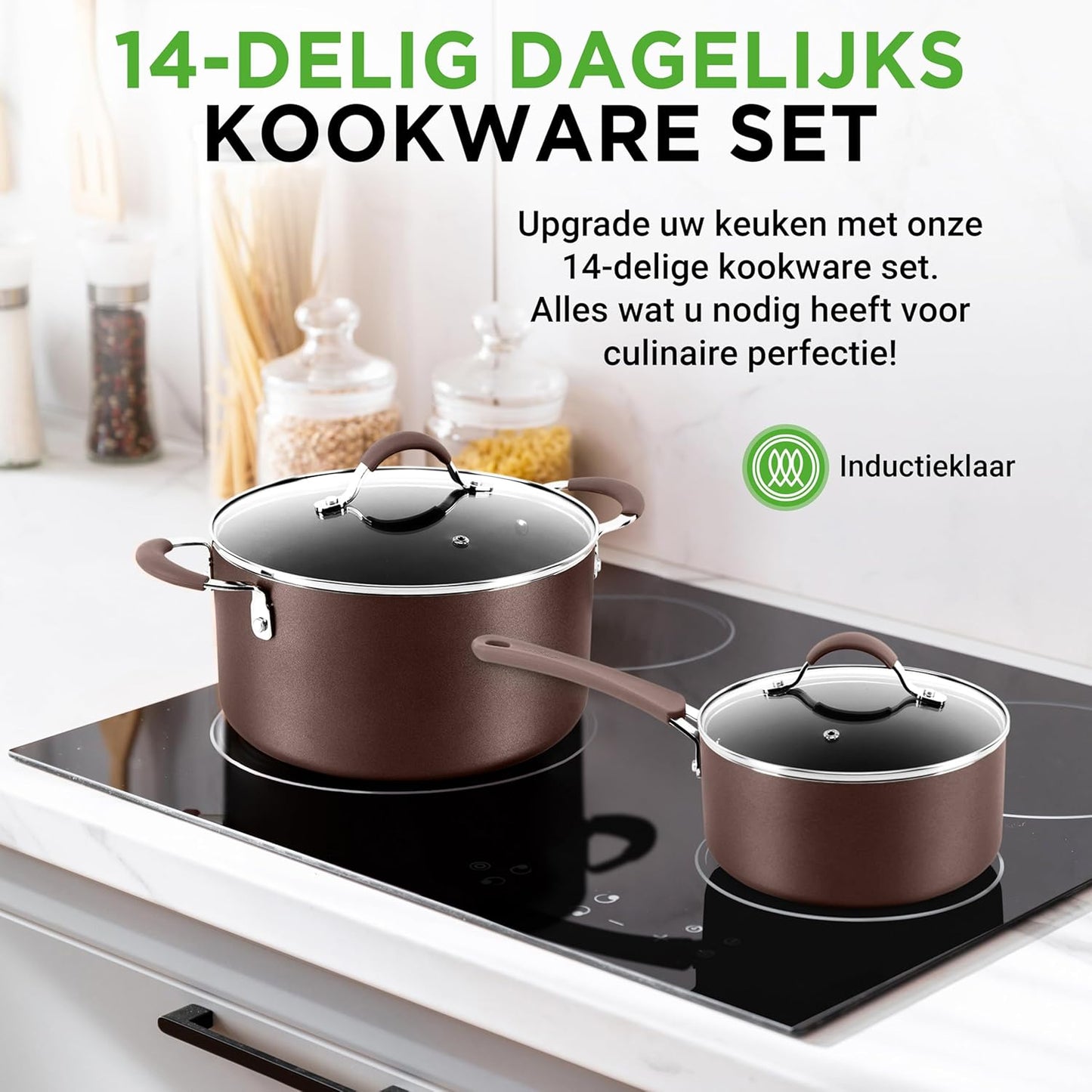NutriChef Pannenset 14-delige Antiaanbak Kookset- Kookpannenset Over dit item 14-DELIGE SET: NutriChef biedt een 14-delige antiaanbak kookset, inclusief een sauspan van 1,4 liter en 2,4 liter met deksels, een braadpan van 4,7 liter met deksel, een grote k