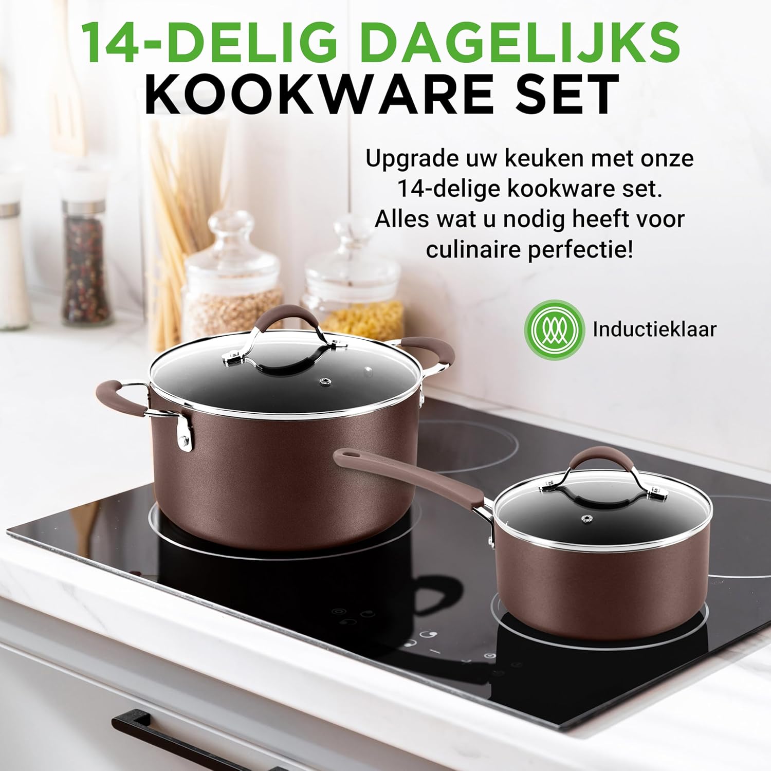 NutriChef Pannenset 14-delige Antiaanbak Kookset- Kookpannenset Over dit item 14-DELIGE SET: NutriChef biedt een 14-delige antiaanbak kookset, inclusief een sauspan van 1,4 liter en 2,4 liter met deksels, een braadpan van 4,7 liter met deksel, een grote k