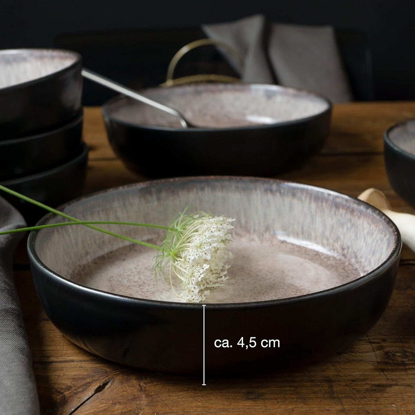 Moritz & Moritz VIDA 18-delige serviesset 6 personen, keramiek tafelservies zwart-beige, vaatwasser-, magnetron- en krasbestendig, borden set met 6 platte borden, 6 soepborden en 6 ontbijtborden VOLLEDIGE-SET - 18-delige bordenset bestaande uit 6 platte d