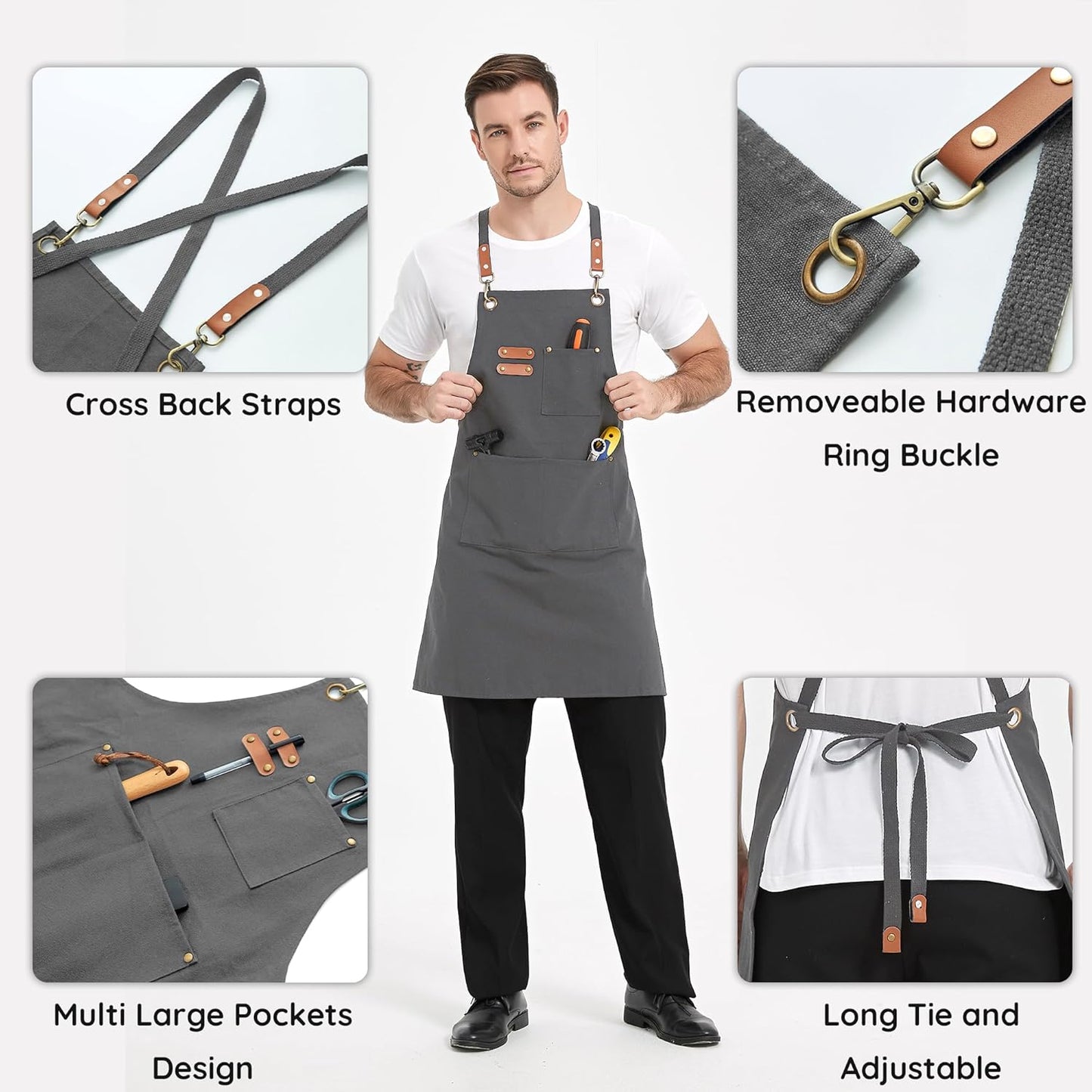 Canvasschorten, Werkschorten voor Mannen en Vrouwen, Chef-kokschorten met Verstelbare Riem en 3 Zakken, Schort voor Servers, Keuken, Koken, Bakken, Kunstenaar, Schilderen, Gekruiste Productgegevens Onderhoudsvoorschriften Machinewas Type sluiting Trekkoor