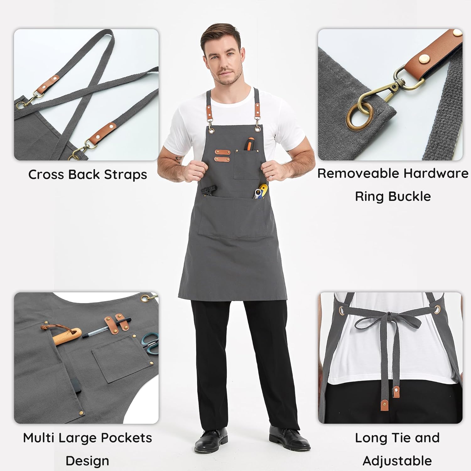 Canvasschorten, Werkschorten voor Mannen en Vrouwen, Chef-kokschorten met Verstelbare Riem en 3 Zakken, Schort voor Servers, Keuken, Koken, Bakken, Kunstenaar, Schilderen, Gekruiste Productgegevens Onderhoudsvoorschriften Machinewas Type sluiting Trekkoor
