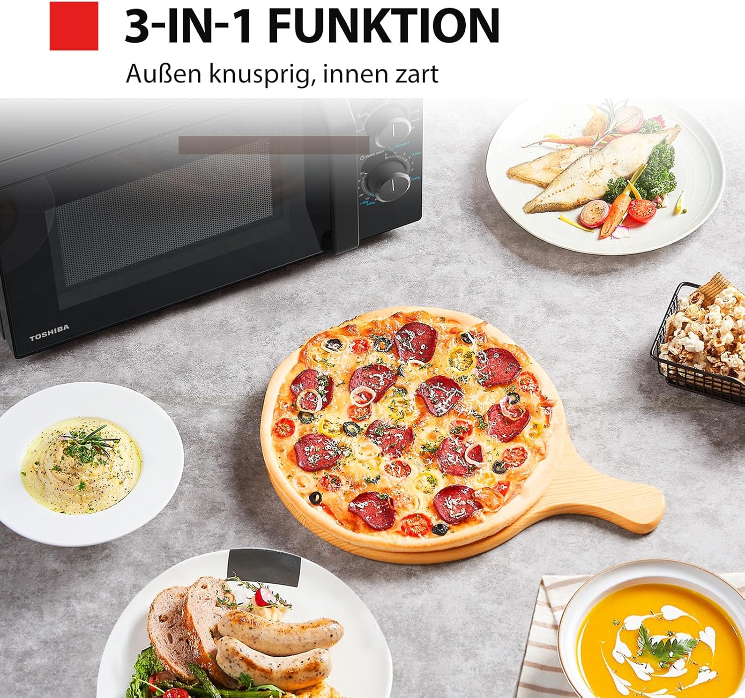 Toshiba MW2-MG20PF (BK) / GE magnetron met crispy grill & combi-functie, 5 vermogensniveaus, 1000 W grillvermogen, zwart Toshiba MW2-MG20PF (BK) /GE magnetron/magnetron met grill/20L 【Combinatiekoken】 Combinatiekoken is speciaal ontworpen voor het grillen