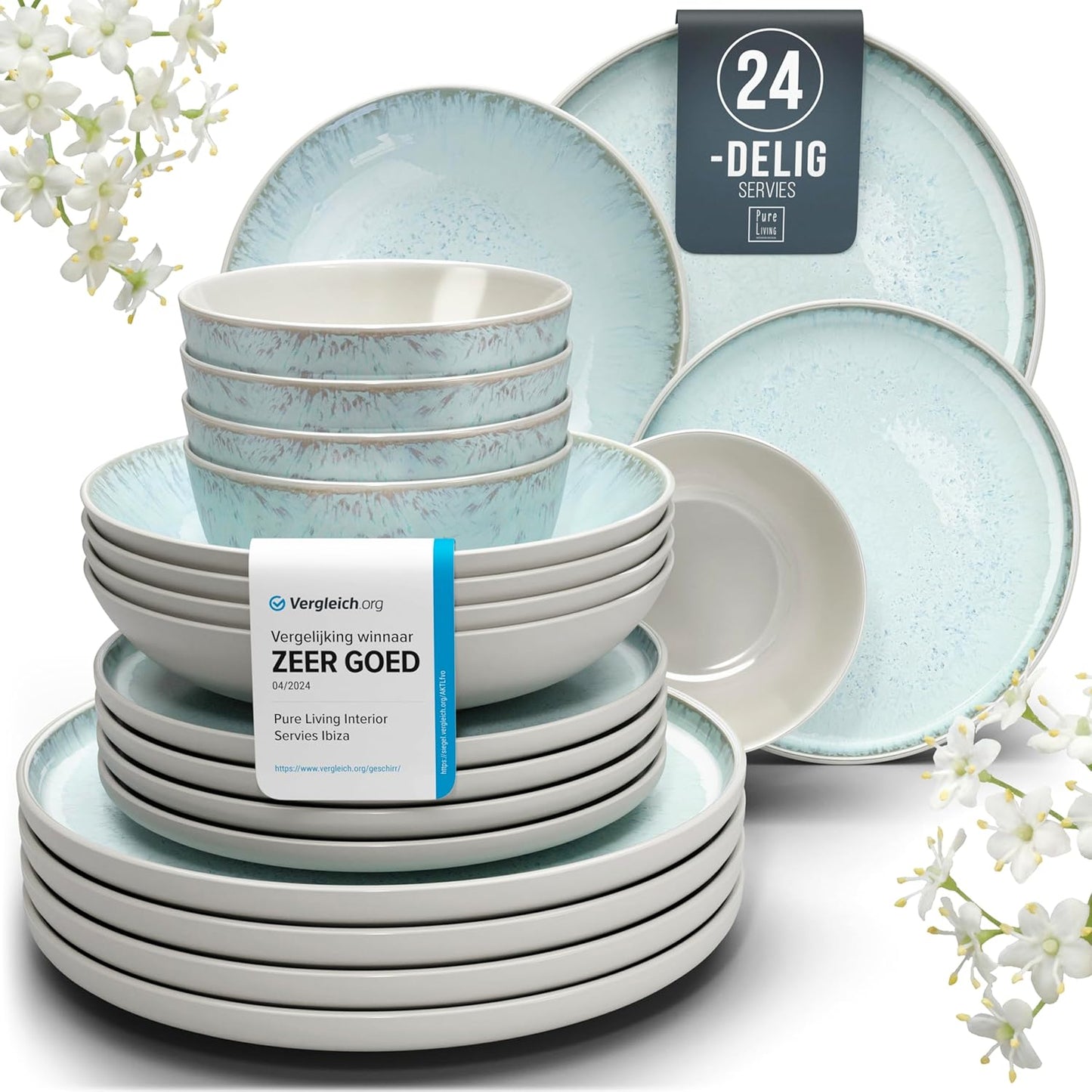 Aardewerk Servies Set Ibiza 36-delig - Vaatwasser-, Magnetron- en Krasbestendig Servies - Moderne Kommen en Borden Set voor 12 Personen - Tafelservice Pure Living in Licht Beige-blauw Deze 36-delige beige-blauwe servies set voor 12 personen combineert ele