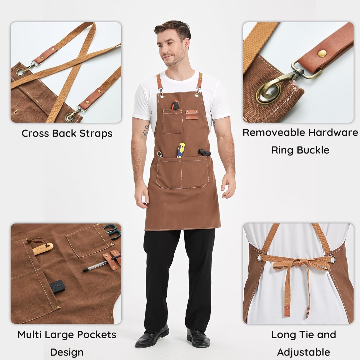 Canvasschorten, Werkschorten voor Mannen en Vrouwen, Chef-kokschorten met Verstelbare Riem en 3 Zakken, Schort voor Servers, Keuken, Koken, Bakken, Kunstenaar, Schilderen, Gekruiste Productgegevens Onderhoudsvoorschriften Machinewas Type sluiting Trekkoor