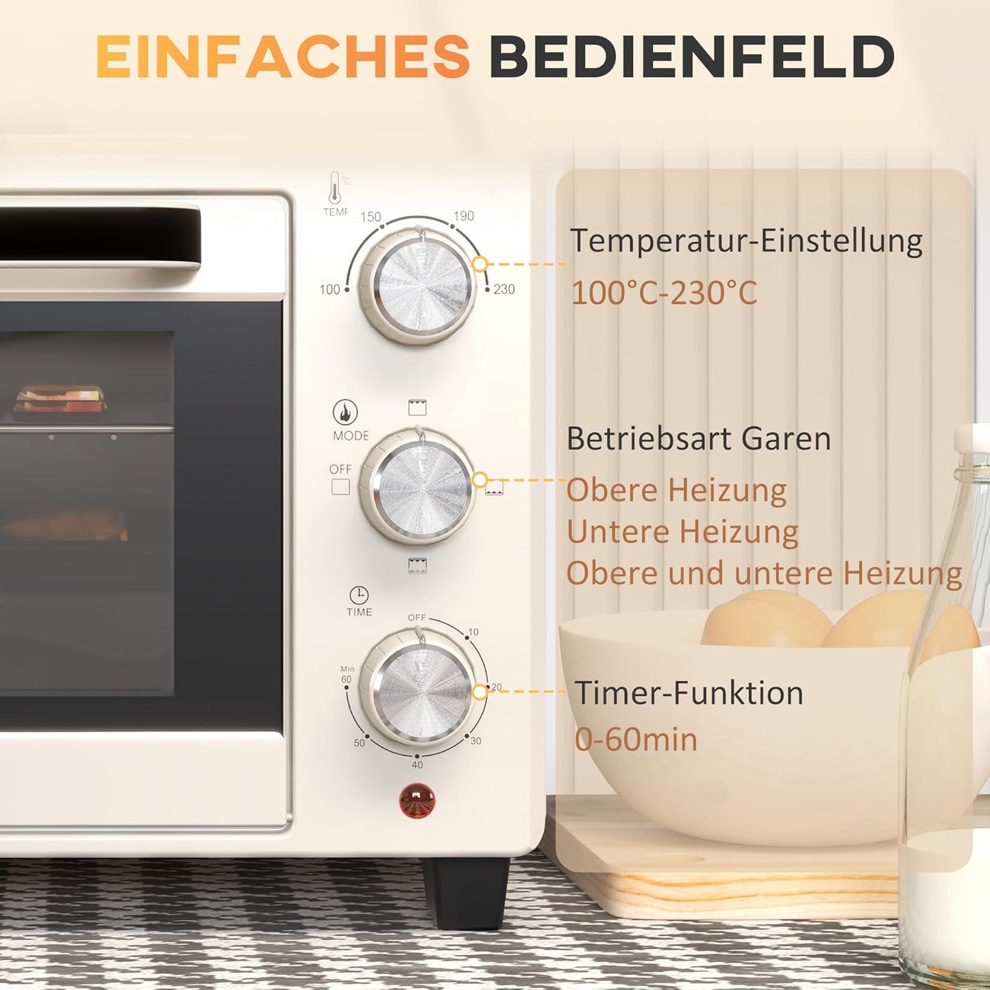 HOMCOM Mini Backoven 21L Pizza-Oven Individuell einstellbare Kocherlebnisse: Mit einer Temperaturwahl von 100 °C bis 230 °C und einem einstellbaren Timer des Tischbackofens bis zu 60 Minuten können Sie jedes Gericht genau nach Ihren Wünschen zubereiten. O