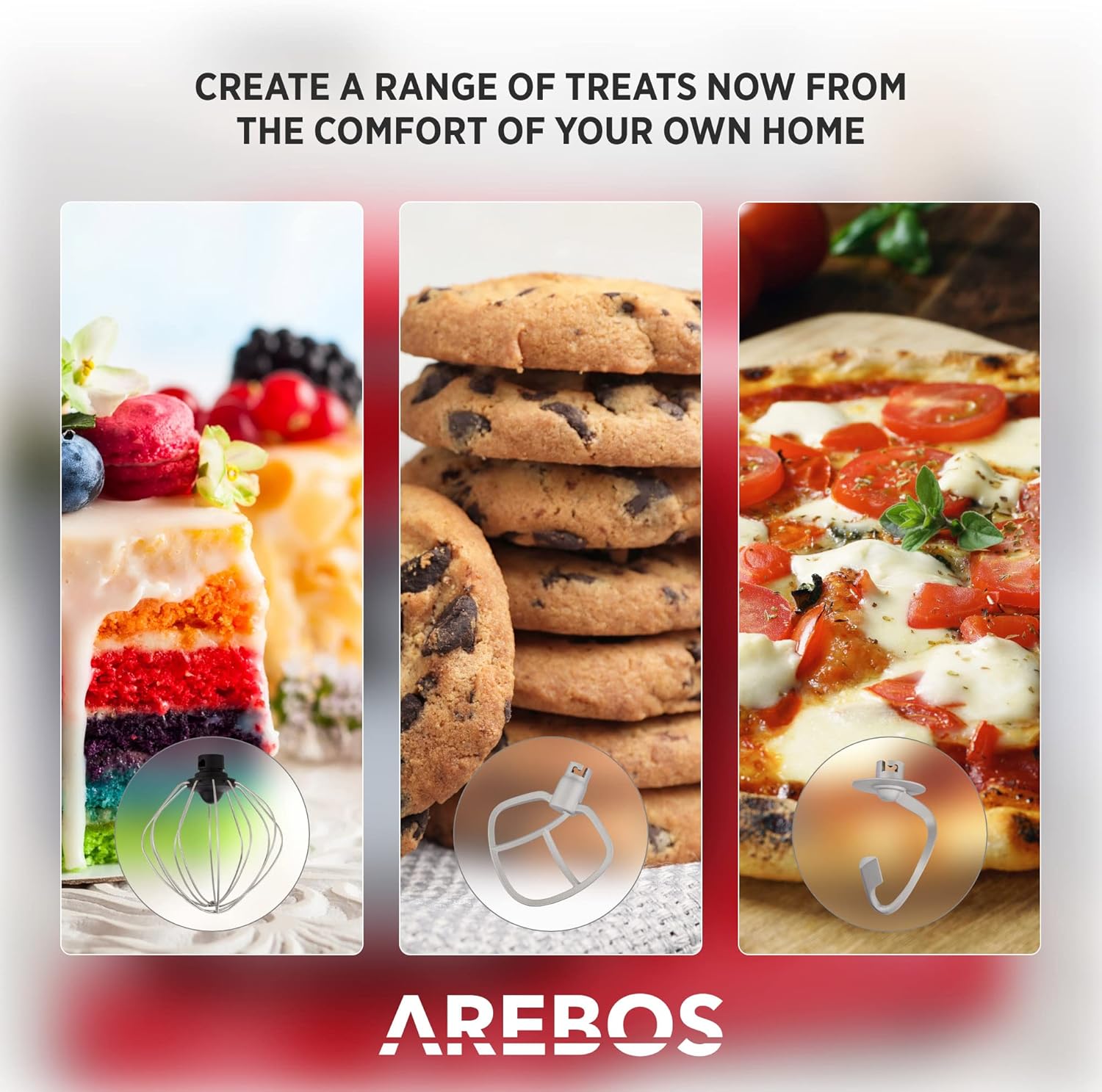 Arebos Keukenmachine 1500W Cream | Mixer met 2x roestvrijstalen mengkommen | Geluidsarm | Keukenmixer met klopperhaak, kneedhaak, garde en spatscherm | 6 snelheden 【Krachtige 1500W-motor met 6 snelheidsinstellingen】De krachtige 1500W-motor is gemaakt is g