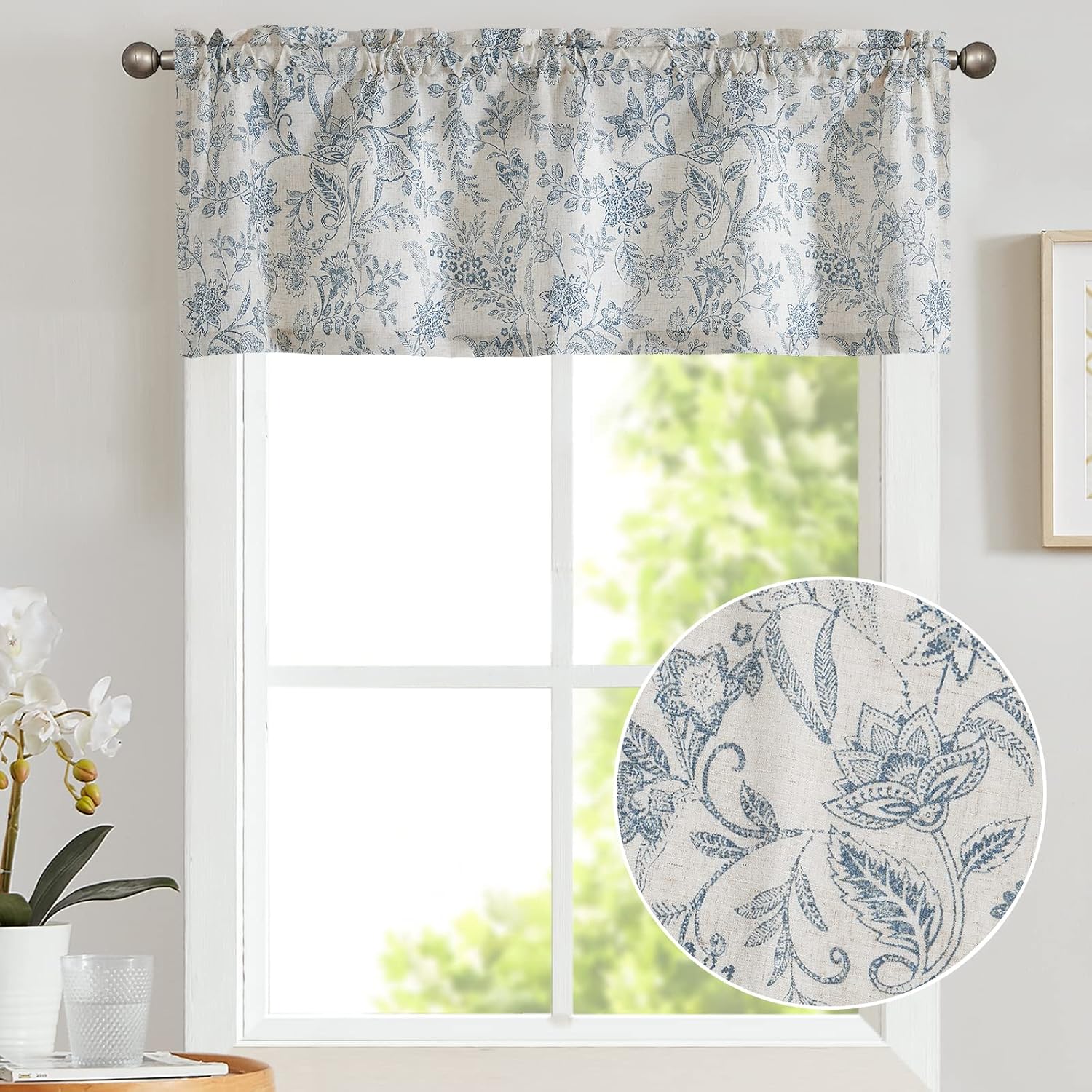 TOPICK Bloemen Keuken Gordijnen 61 cm Drop Linnen Doorschijnend Korte Cafe Botanische Print Kleine Raam Rod Pocket voor Wasruimte Badkamer 2 Panelen Verbena Grijs Verpakking: je ontvangt 2 gordijnen van 85% polyester+15% linnen. De afmetingen per stuk zij