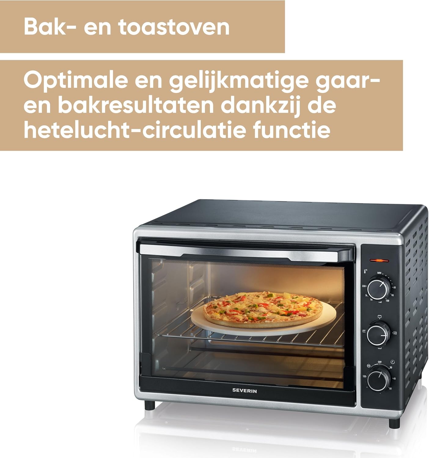 Severin To 2058 Bak-Toastoven, met Convectiefunctie, 1800 W, Incl. Pizzasteen, Zilver/Zwart Betrouwbare en praktische bak- en toastoven met recirculatiefunctie voor het bereiden van ovenschotels zoals frites, pizza of gebakken brood en cake - inclusief pi