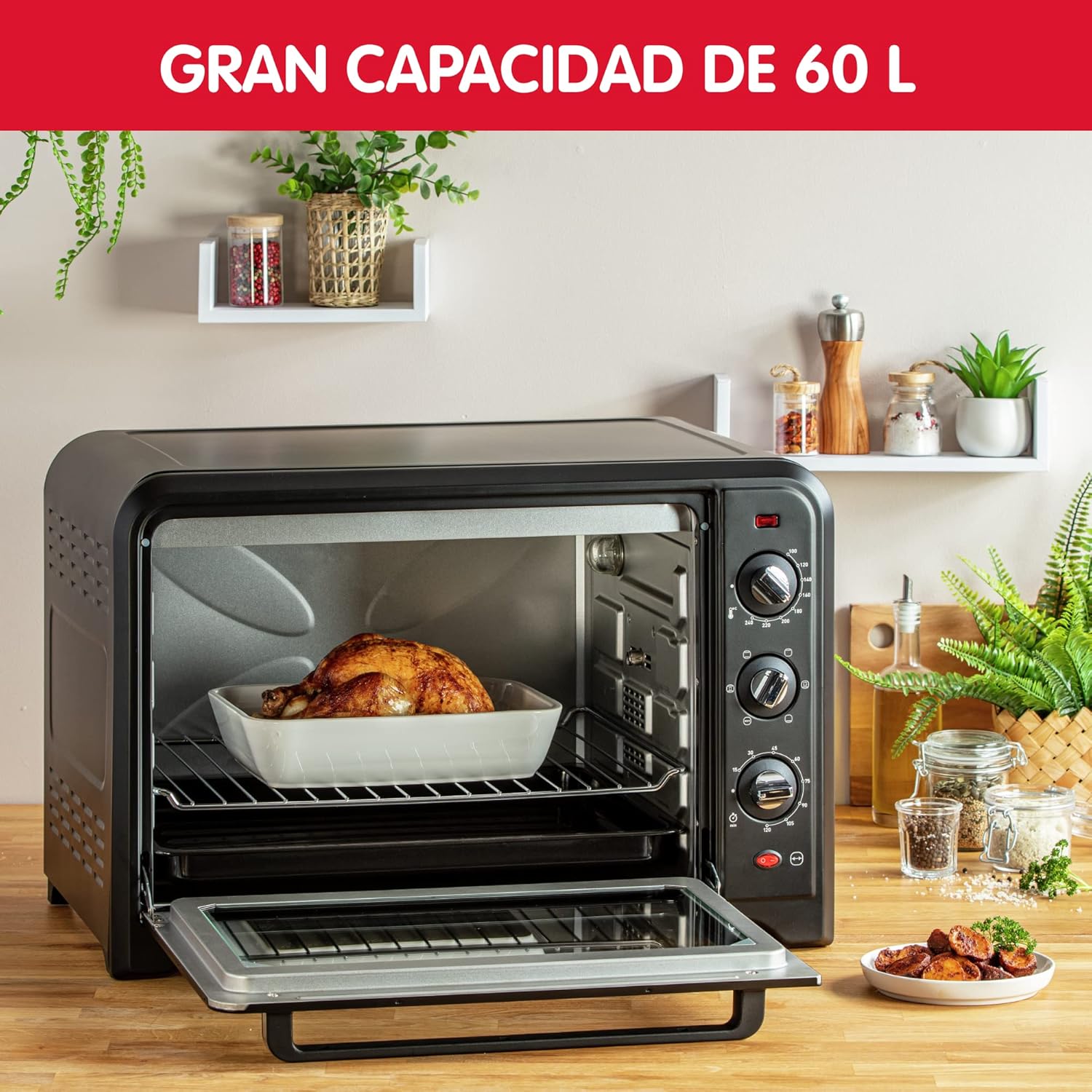 Moulinex Elektrische convectie oven 19 l compact Krachtige oven: compacte elektrische mini-oven met convectiewarmte, perfect voor dagelijkse gerechten Snel en homogeen koken: dankzij de roterende warmtefunctie krijg je in een mum van tijd perfecte bakresu