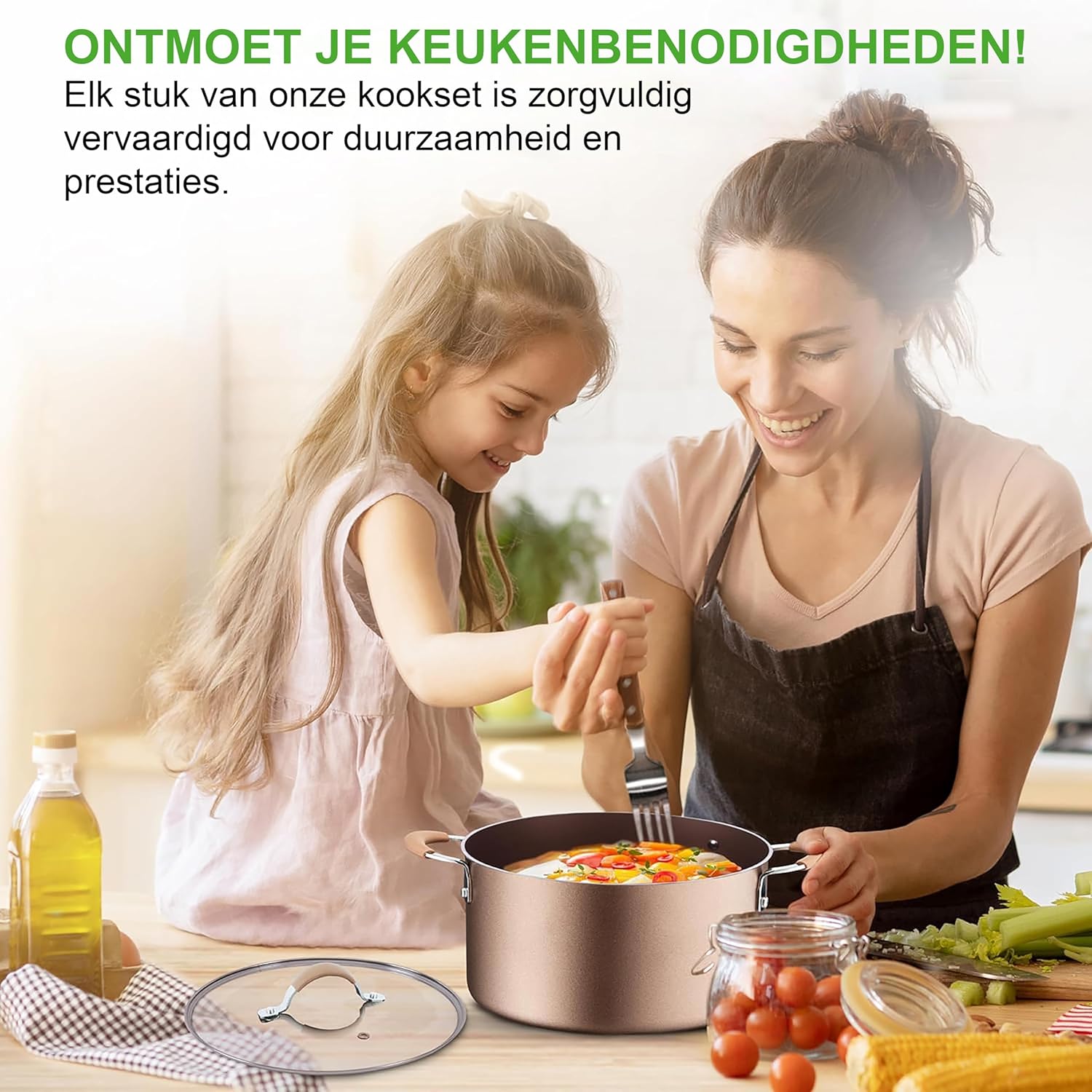 NutriChef Pannenset 14-delige Antiaanbak Kookset- Kookpannenset Over dit item 14-DELIGE SET: NutriChef biedt een 14-delige antiaanbak kookset, inclusief een sauspan van 1,4 liter en 2,4 liter met deksels, een braadpan van 4,7 liter met deksel, een grote k
