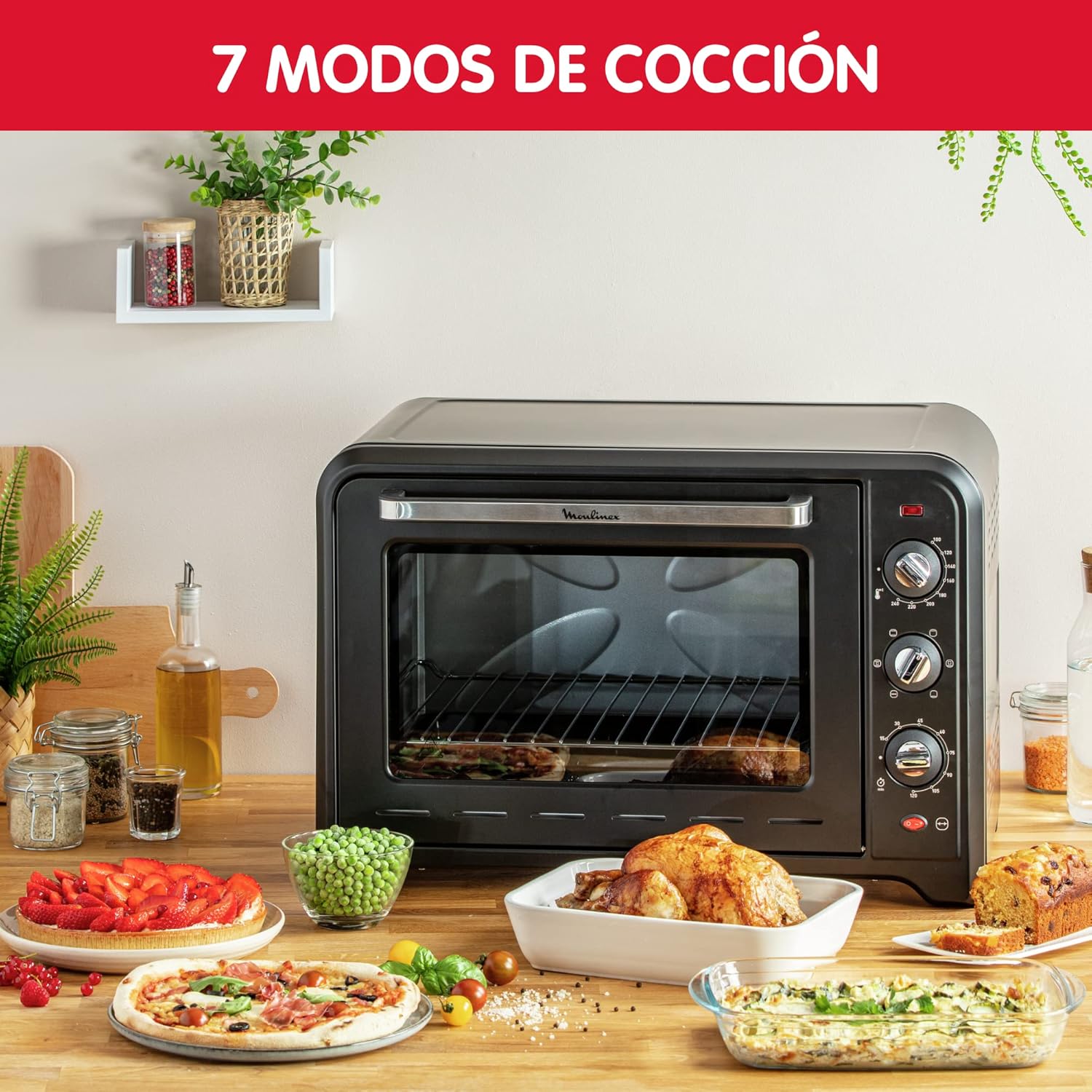 Moulinex Elektrische convectie oven 19 l compact Krachtige oven: compacte elektrische mini-oven met convectiewarmte, perfect voor dagelijkse gerechten Snel en homogeen koken: dankzij de roterende warmtefunctie krijg je in een mum van tijd perfecte bakresu