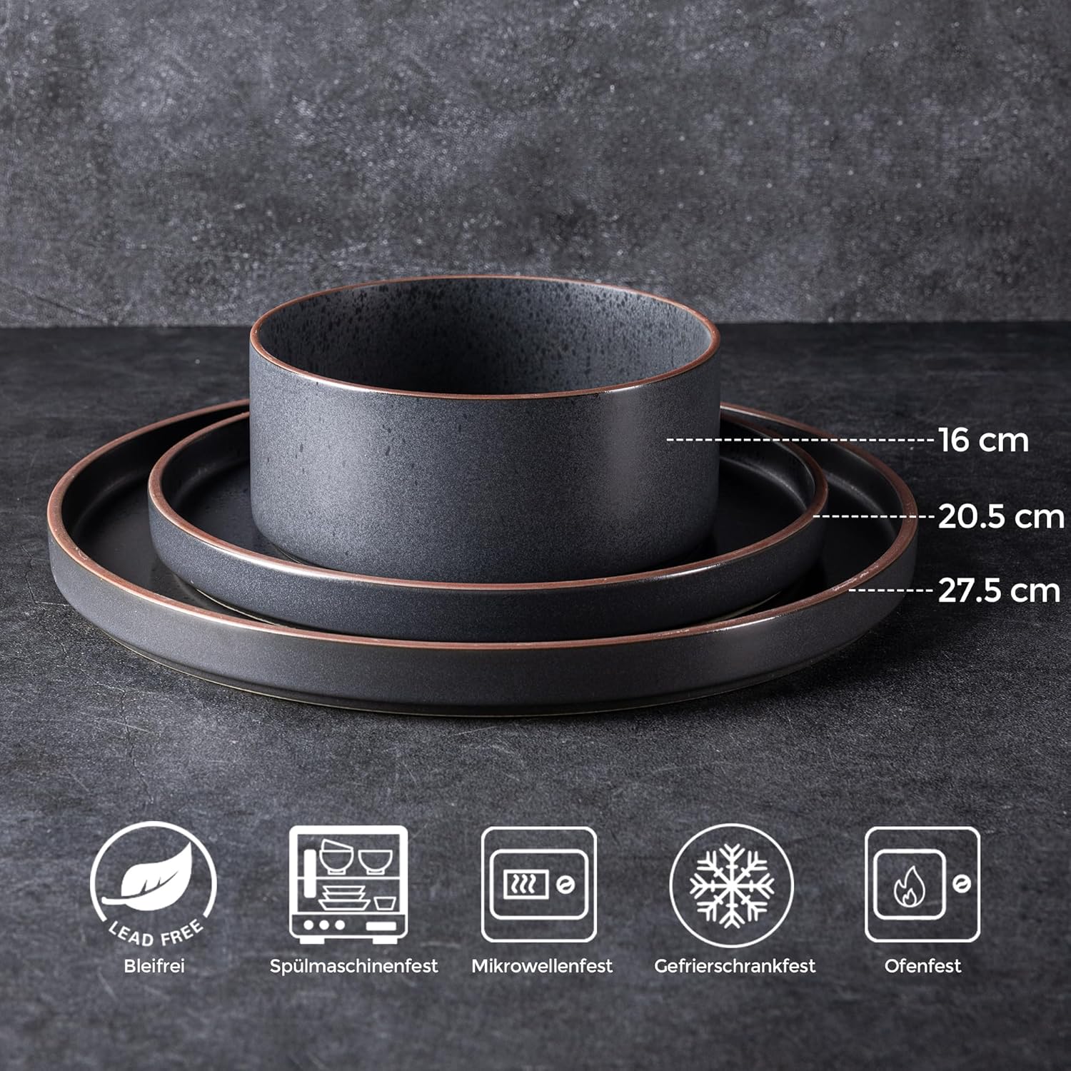 LeRatio Diner Set voor 6, 18-delige set borden en kommen van aardewerk, chip- en krasbestendig serviesset, oven- en vaatwasser- en magnetronbestendige serviesset (gespikkelde zwart-witte rand, servies LeRatio Diner Set voor 6, 18-delige set borden en komm
