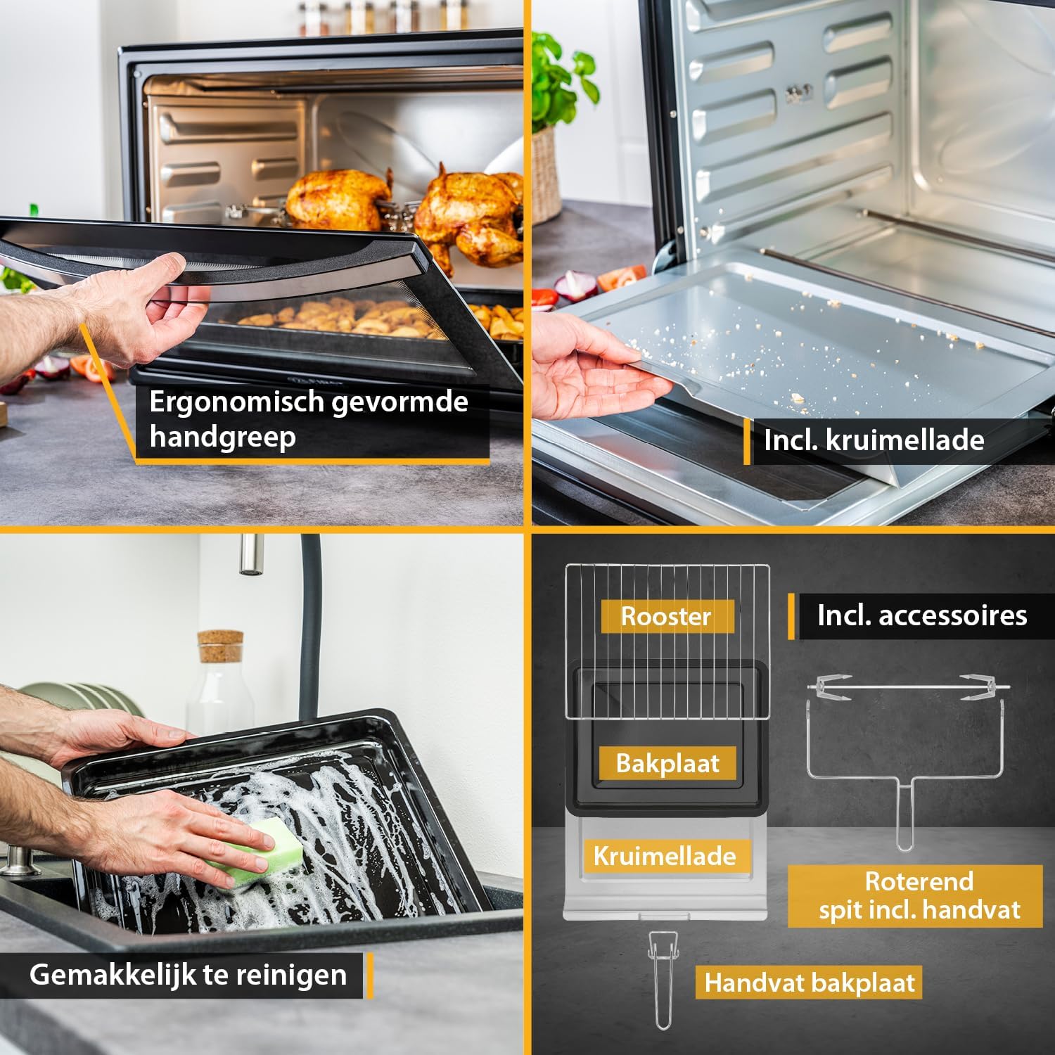 Minioven 60l I 2000W I Convectie + draaispit I 4 verwarmingselementen I Temperatuurbereik tot 230 °C I Timer 60 min I Roestvrij staal I Zwart VERSATILE KOOKOPTIES - PIZZAS, FRYING, GRILLING, CASSEROLES EN MEER: Gebruik de flexibele verwarmingsmodi (hogere