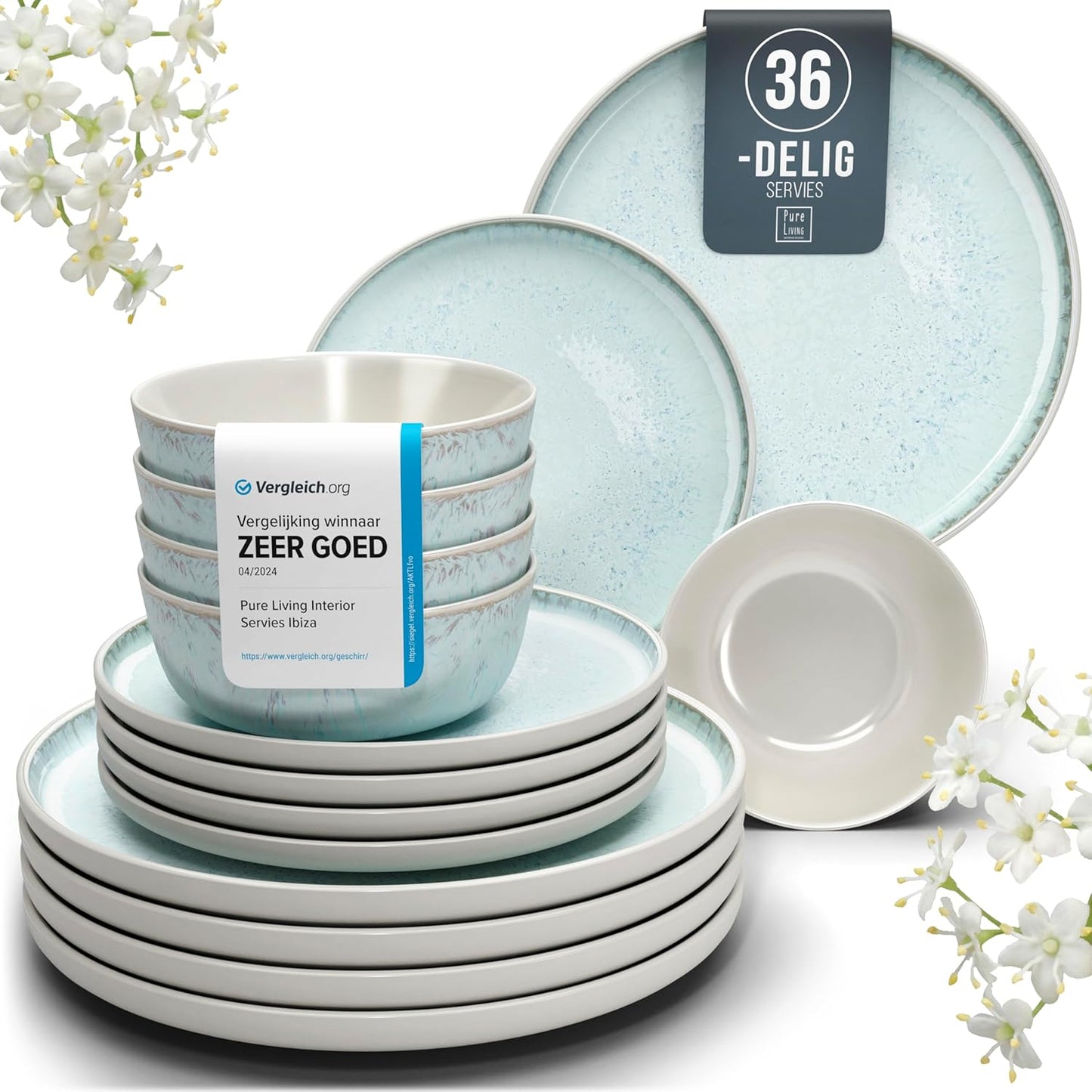 Aardewerk Servies Set Ibiza 36-delig - Vaatwasser-, Magnetron- en Krasbestendig Servies - Moderne Kommen en Borden Set voor 12 Personen - Tafelservice Pure Living in Licht Beige-blauw Deze 36-delige beige-blauwe servies set voor 12 personen combineert ele
