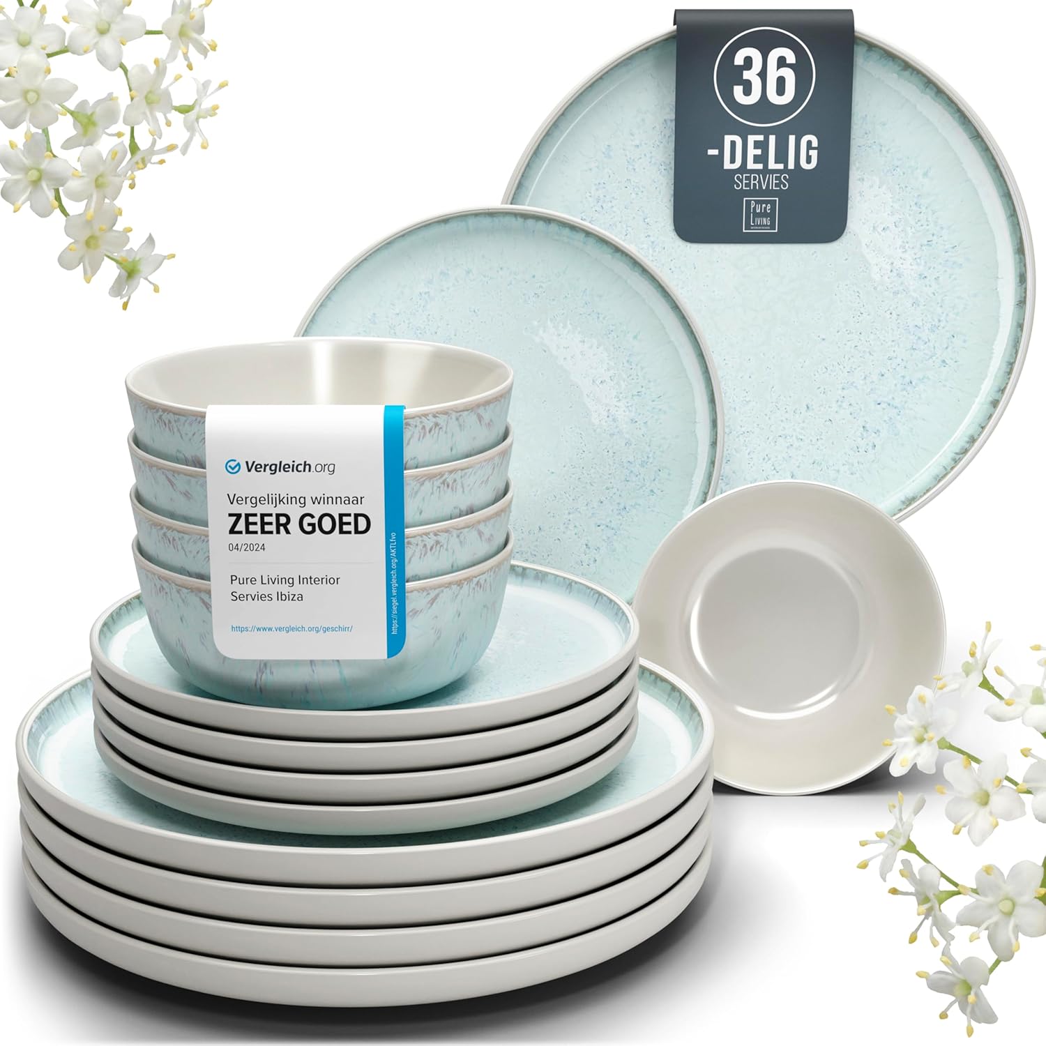 Aardewerk Servies Set Ibiza 36-delig - Vaatwasser-, Magnetron- en Krasbestendig Servies - Moderne Kommen en Borden Set voor 12 Personen - Tafelservice Pure Living in Licht Beige-blauw Deze 36-delige beige-blauwe servies set voor 12 personen combineert ele