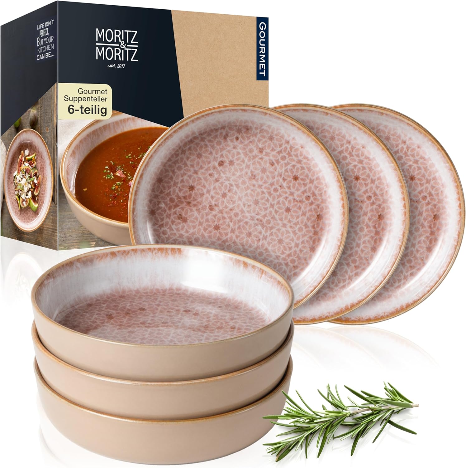 Moritz & Moritz TERRA 18-delige serviesset voor 6 personen, bordenset in zacht roze, van hoogwaardig porselein, serviesset voor 6 personen, elk 6 x platte borden, dessertborden en kommen 18-delige serviesset verander elke maaltijd in een onvergetelijke er