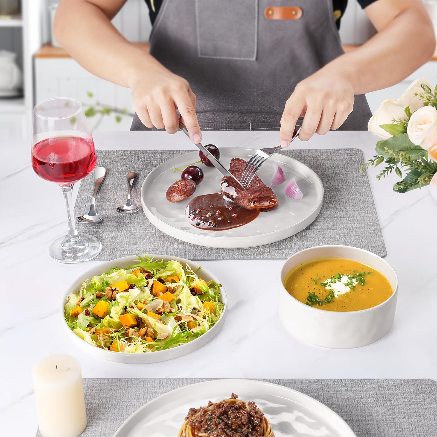 Onader Serviesset, 18-delig aardewerk, tafelserviesset, mueslikommen, platte borden en dessertborden, set voor 6 personen, anti-kras en magnetronbestendig, cappuccino kaki Onader 18-delige tafelserviesset van aardewerk is gemaakt van premium klei met reac
