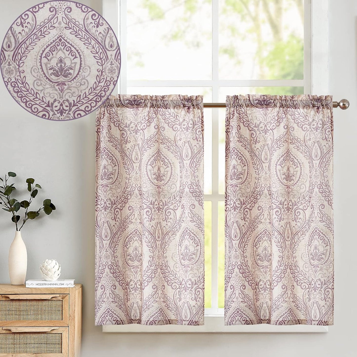 TOPICK Bloemen Keuken Gordijnen 61 cm Drop Linnen Doorschijnend Korte Cafe Botanische Print Kleine Raam Rod Pocket voor Wasruimte Badkamer 2 Panelen Verbena Grijs Verpakking: je ontvangt 2 gordijnen van 85% polyester+15% linnen. De afmetingen per stuk zij
