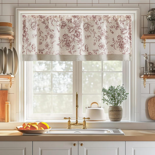 TOPICK Vitrage, linnenlook, boerderij, bloemen, klein raamgordijn, dubbellaags verduistering, korte keukengordijnen voor woonkamer, keuken, staafzak, 1 stuk, 125 x 45 cm (b x h), rood op beige Linnen gordijnen met bloem: dompel je huis onder in de seizoen