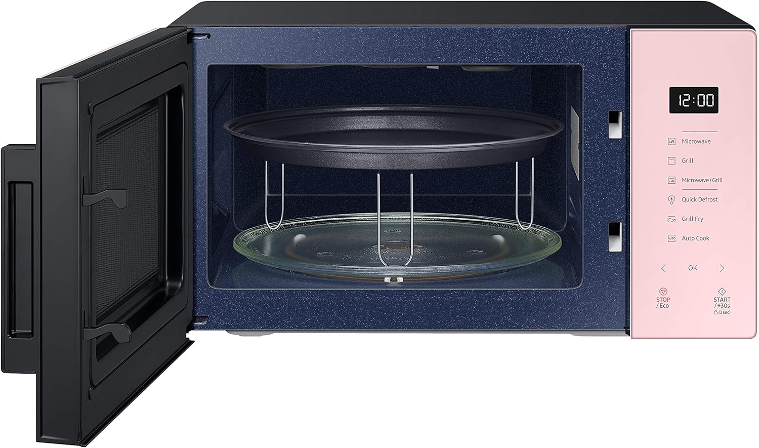 Samsung MG23T5018CP/ET Design AirFry, magnetron + grill 800 W + 1100 W, 23 l, 49 l x 27,5 h x 38 p, poeder Porseleinen gekleurd glasontwerp, aanraakpaneel dat bij je keuken past als een designelement. Samsung heeft een magnetron met een kleurrijk design g