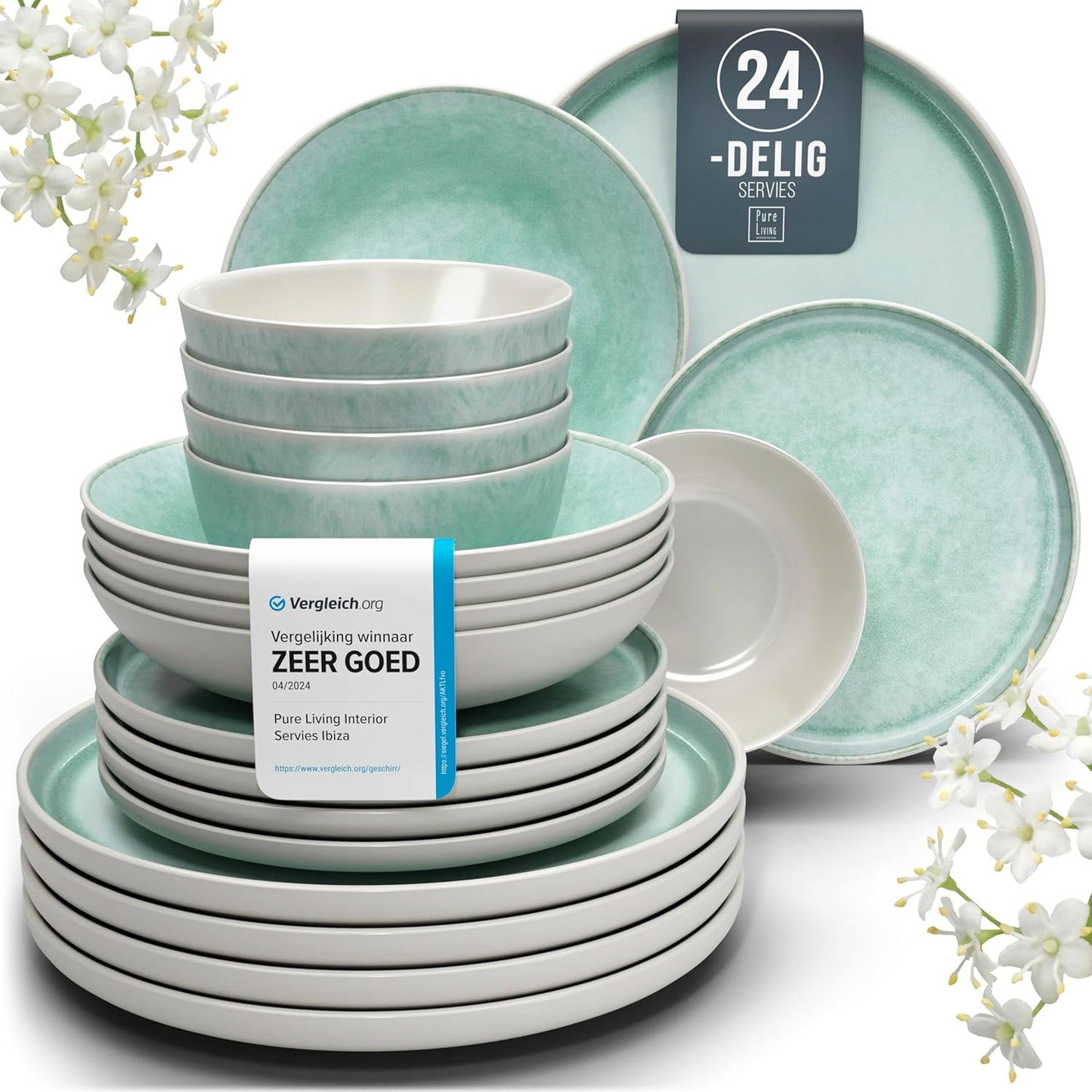 Aardewerk Servies Set Ibiza 36-delig - Vaatwasser-, Magnetron- en Krasbestendig Servies - Moderne Kommen en Borden Set voor 12 Personen - Tafelservice Pure Living in Licht Beige-blauw Deze 36-delige beige-blauwe servies set voor 12 personen combineert ele