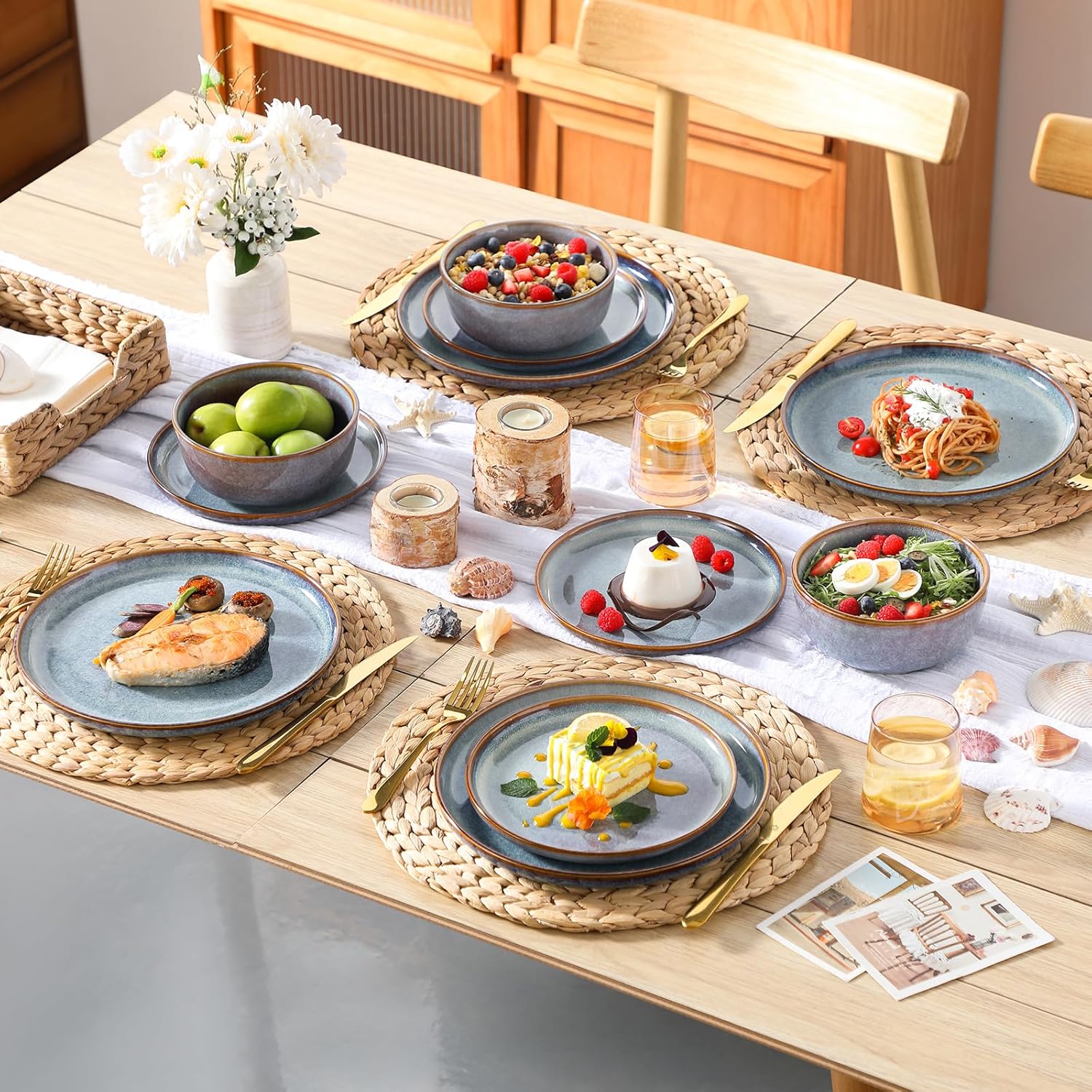 vancasso PLAYA Tafelservies voor 6 personen, 18-delig, modern, aardewerk serviesset, bevat kom, dessertborden en platte borden, vaatwasmachinebestendig, blauw Compleet assortiment servies: de moderne vancasso PLAYA serviesset voor 6 personen omvat 6 komme