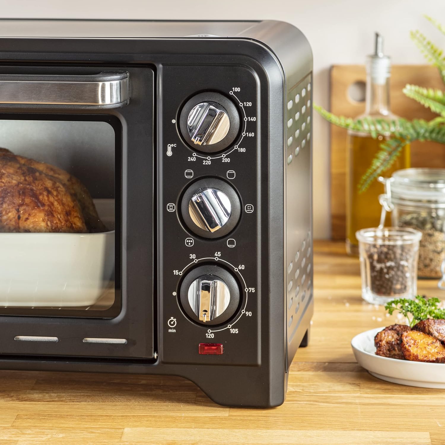 Moulinex Elektrische convectie oven 19 l compact Krachtige oven: compacte elektrische mini-oven met convectiewarmte, perfect voor dagelijkse gerechten Snel en homogeen koken: dankzij de roterende warmtefunctie krijg je in een mum van tijd perfecte bakresu