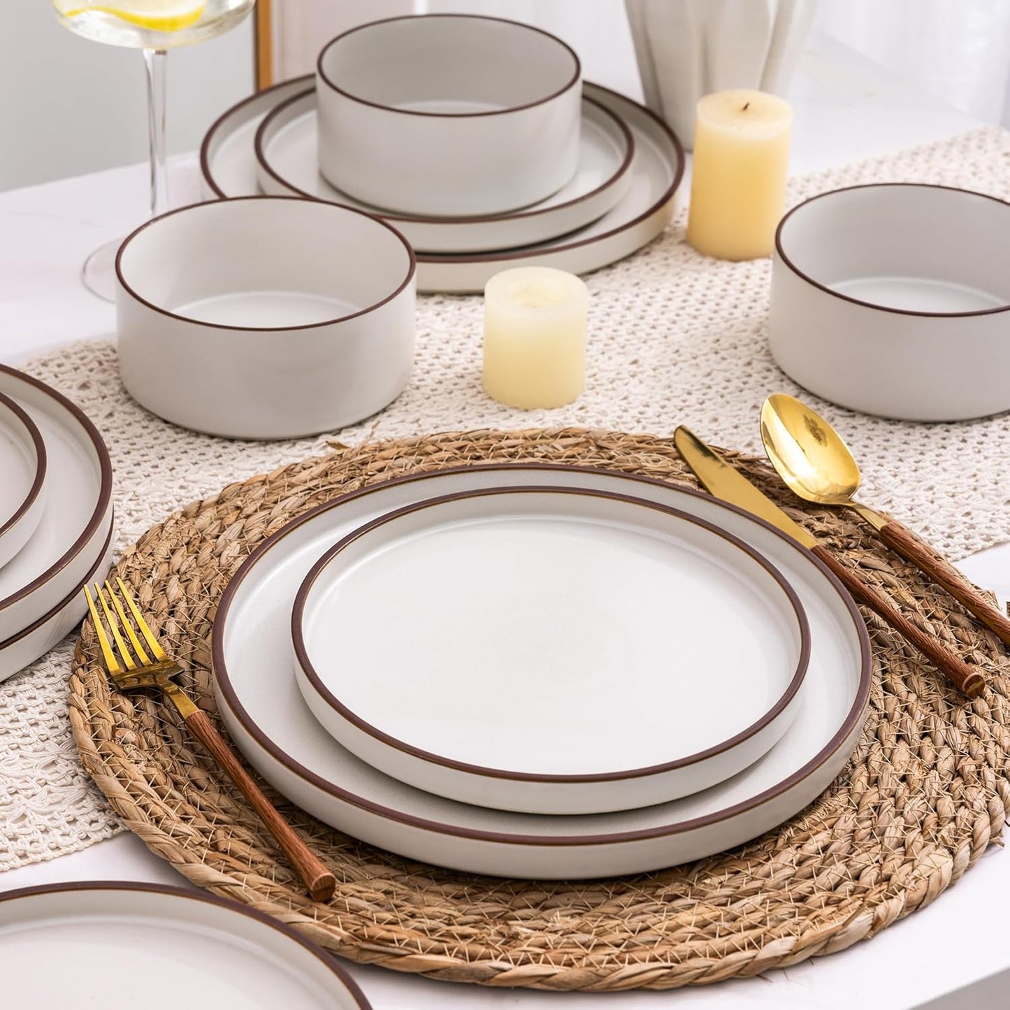 LeRatio Diner Set voor 6, 18-delige set borden en kommen van aardewerk, chip- en krasbestendig serviesset, oven- en vaatwasser- en magnetronbestendige serviesset (gespikkelde zwart-witte rand, servies LeRatio Diner Set voor 6, 18-delige set borden en komm