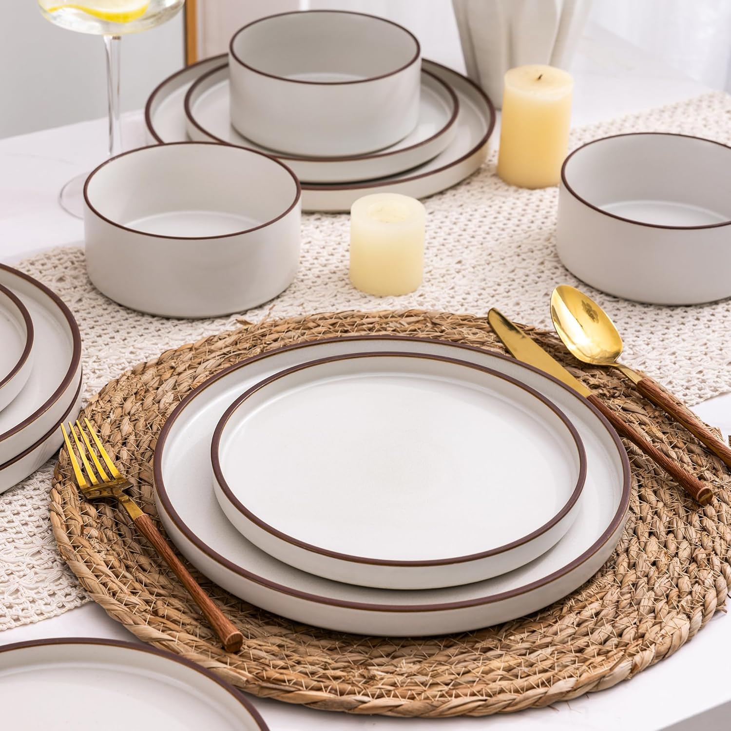 LeRatio Diner Set voor 6, 18-delige set borden en kommen van aardewerk, chip- en krasbestendig serviesset, oven- en vaatwasser- en magnetronbestendige serviesset (gespikkelde zwart-witte rand, servies LeRatio Diner Set voor 6, 18-delige set borden en komm