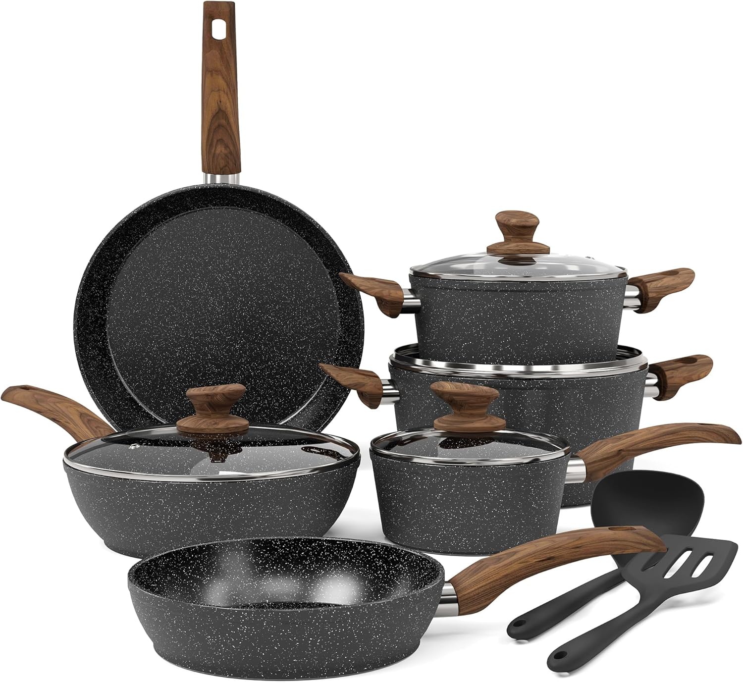 Kitchen Academy Inductie pannenset 12-delig, zwart graniet Afmetingen: 1 x pan 20 cm, 1 x pan 28 cm, 1 x koekenpan met deksel 24 cm/2,85 l, 1 x steelpan met deksel 17 cm/1,4 l, 1 x kookpan met deksel 20 cm/2,85 l, 1 x kookpan met deksel 24 cm/4,75 l, 1 x