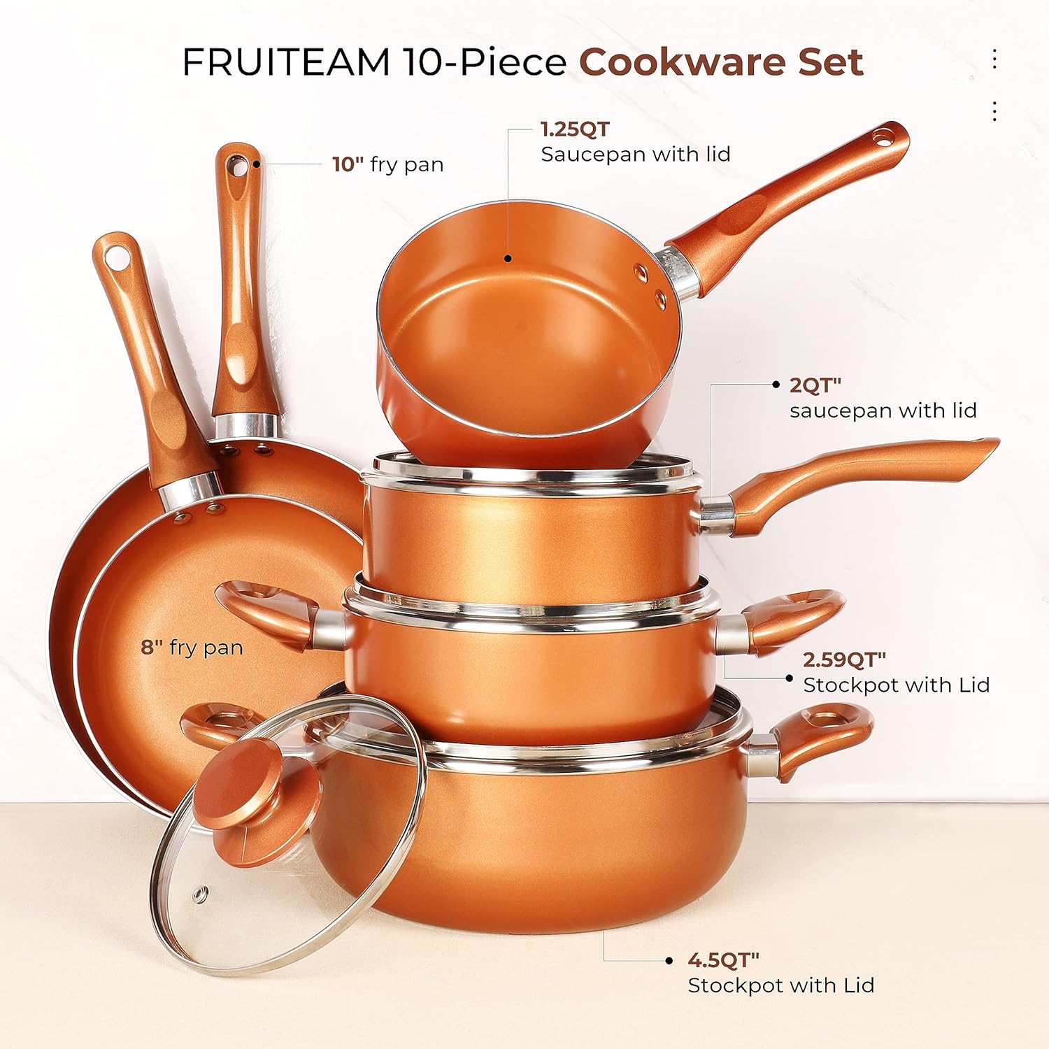 FRUITEAM 10 stks Kookgerei Set Keramische Nonstick Koekenpannenset Multifunctionele 10-delige kookgerei SetFRUITEAM keukengerei set bevat 8" & 10" koekenpan, 1,25-quart & 2-quart saus pan met deksel, 2,59 quart & 4,5-quart bouillonpot met deksel, voldoen