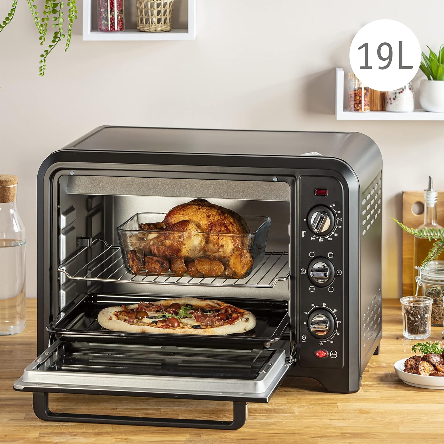 Moulinex Elektrische convectie oven 19 l compact Krachtige oven: compacte elektrische mini-oven met convectiewarmte, perfect voor dagelijkse gerechten Snel en homogeen koken: dankzij de roterende warmtefunctie krijg je in een mum van tijd perfecte bakresu