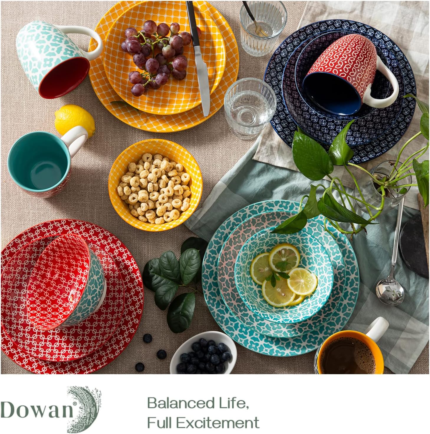 DOWAN Keramische serviessets, 16-delige serviesset voor 4, decoratieve borden en kommensets, porseleinen dinersaladeborden, mokken en soepkommen set voor keuken, housewarming cadeau DOWAN porseleinen serviesets, 16-delige schotelset, service voor 4, leven