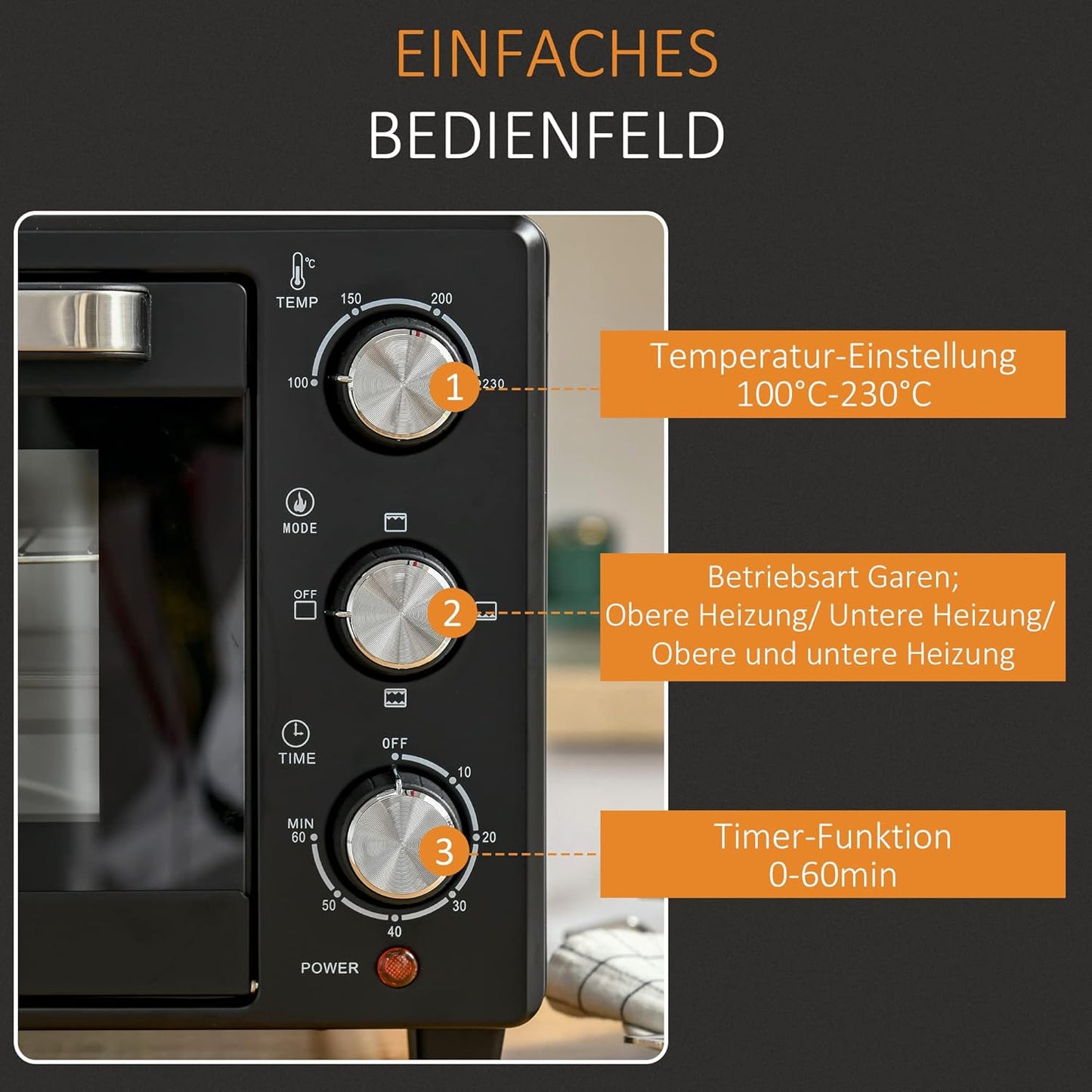 HOMCOM Mini Backoven 21L Pizza-Oven Individuell einstellbare Kocherlebnisse: Mit einer Temperaturwahl von 100 °C bis 230 °C und einem einstellbaren Timer des Tischbackofens bis zu 60 Minuten können Sie jedes Gericht genau nach Ihren Wünschen zubereiten. O