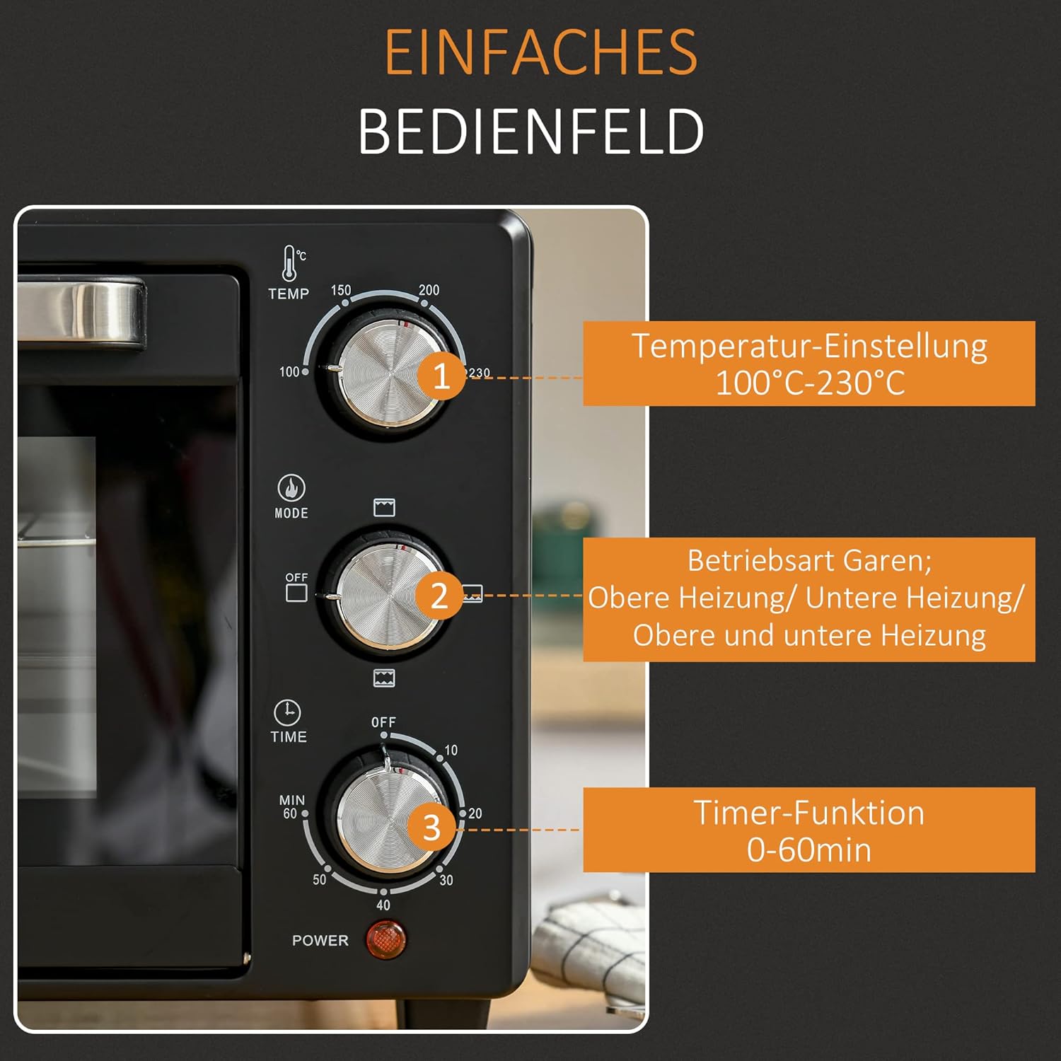 HOMCOM Mini Backoven 21L Pizza-Oven Individuell einstellbare Kocherlebnisse: Mit einer Temperaturwahl von 100 °C bis 230 °C und einem einstellbaren Timer des Tischbackofens bis zu 60 Minuten können Sie jedes Gericht genau nach Ihren Wünschen zubereiten. O