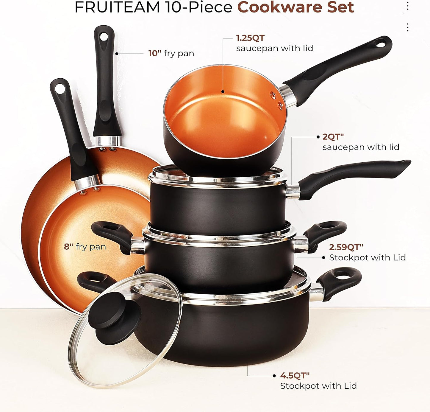 FRUITEAM 10 stks Kookgerei Set Keramische Nonstick Koekenpannenset Multifunctionele 10-delige kookgerei SetFRUITEAM keukengerei set bevat 8" & 10" koekenpan, 1,25-quart & 2-quart saus pan met deksel, 2,59 quart & 4,5-quart bouillonpot met deksel, voldoen