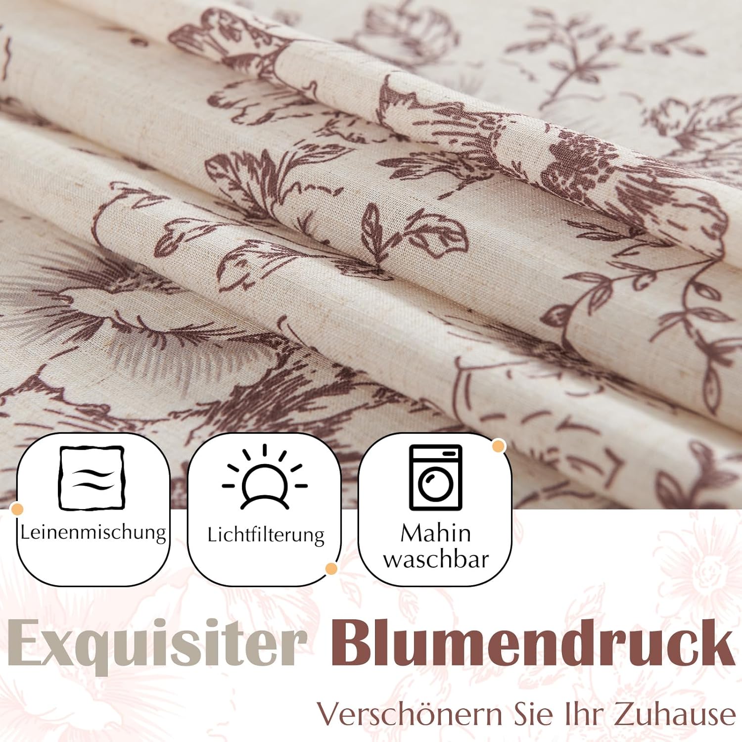 TOPICK Vitrage, linnenlook, boerderij, bloemen, klein raamgordijn, dubbellaags verduistering, korte keukengordijnen voor woonkamer, keuken, staafzak, 1 stuk, 125 x 45 cm (b x h), rood op beige Linnen gordijnen met bloem: dompel je huis onder in de seizoen