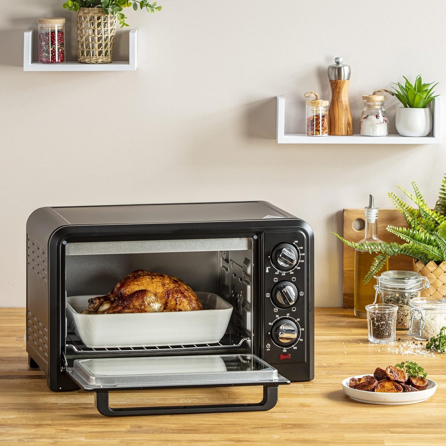 Moulinex Elektrische convectie oven 19 l compact Krachtige oven: compacte elektrische mini-oven met convectiewarmte, perfect voor dagelijkse gerechten Snel en homogeen koken: dankzij de roterende warmtefunctie krijg je in een mum van tijd perfecte bakresu