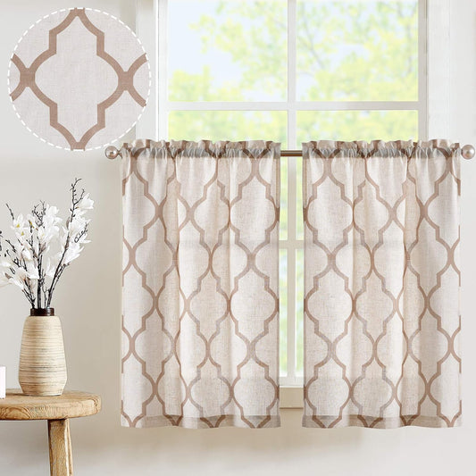 TOPICK Linnen look gordijnen geometrische vitrage gordijnen verduisterende keukengordijn korte keukengordijnen voor keuken eetkamer badkamer klein raam taupe set van 2 65 x 90 cm bruin op beige Klaar gemaakt: Set bevat 2 panelen. Afmetingen set: 132 cm B