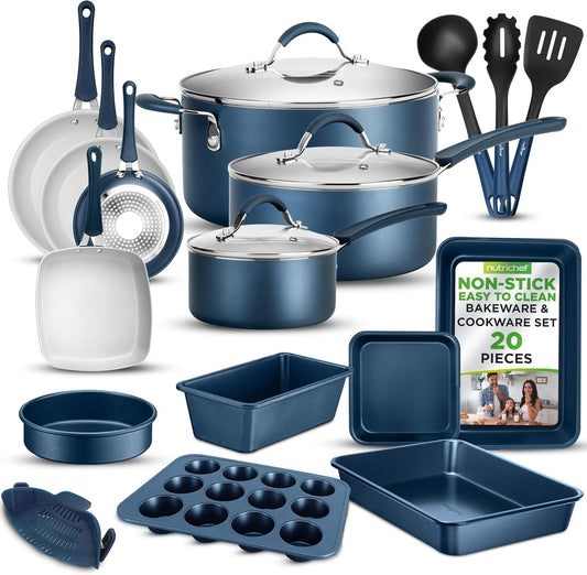 NutriChef Kookpannenset 20-delige Antiaanbak pannen en -potten met Bakgerei 20-DELIGE SET: NutriChef 20-delige antiaanbak pannenset inclusief (6) bakvormen, 3 nylon kookgerei, siliconen vergiet, 20 cm, 25 cm, 30 cm open koekenpan, 1,4 L & 2,4 L sauspan me