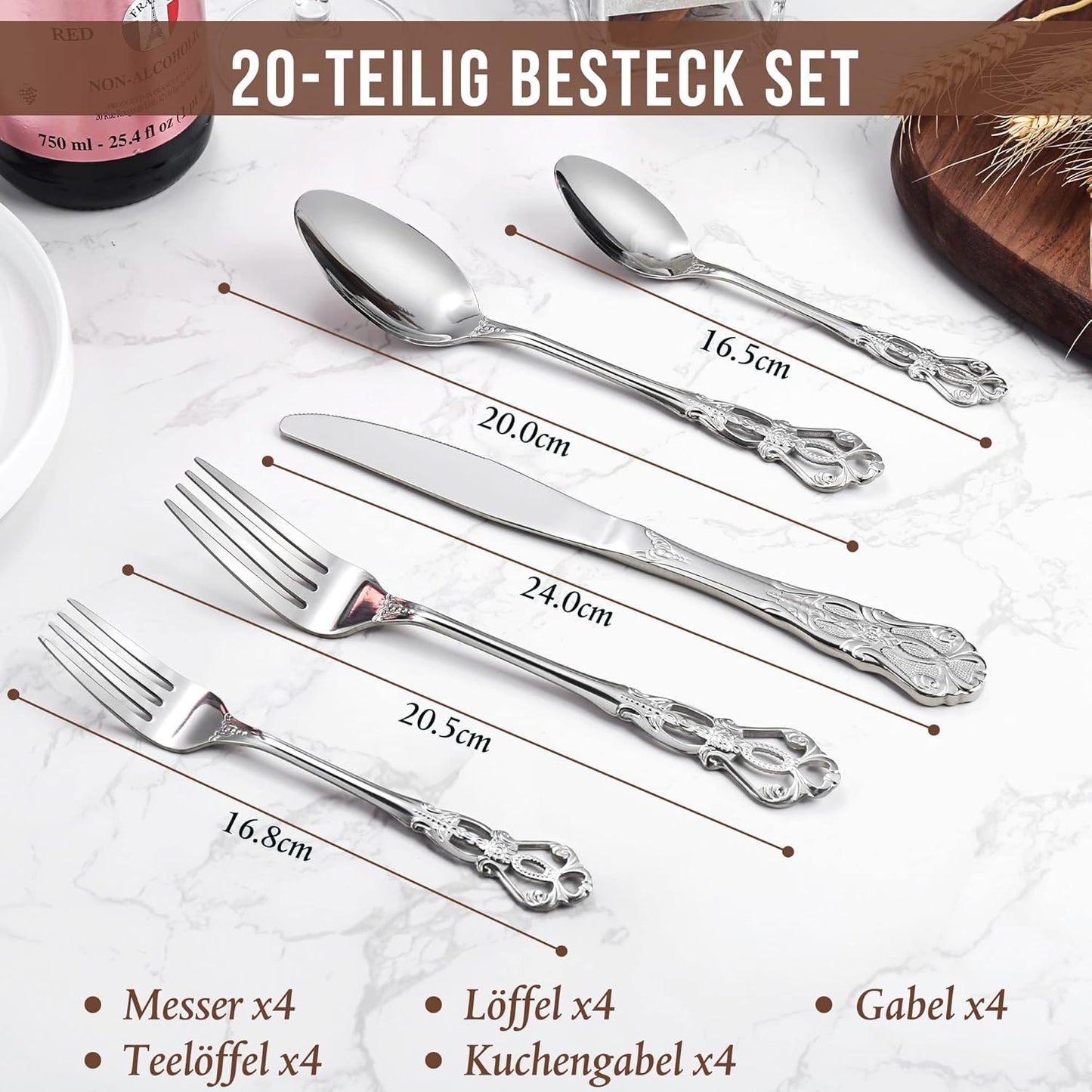 Bestekset, 20-delige bestekset voor 4 personen Over dit item Luxe Royal design: net als zijn naam geeft deze bestekset een koninklijke overeenkomst voor je tafel en een uitstekende uitstraling om indruk te maken op familie en vrienden. De moderne glanzend