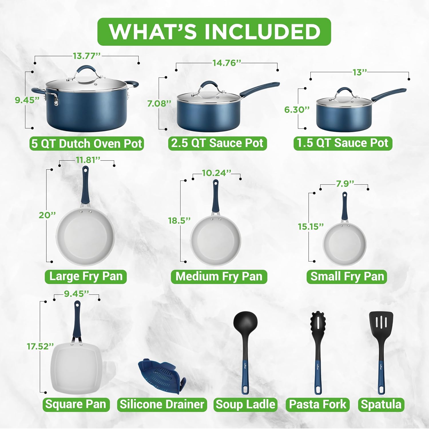 NutriChef Kookpannenset 20-delige Antiaanbak pannen en -potten met Bakgerei 20-DELIGE SET: NutriChef 20-delige antiaanbak pannenset inclusief (6) bakvormen, 3 nylon kookgerei, siliconen vergiet, 20 cm, 25 cm, 30 cm open koekenpan, 1,4 L & 2,4 L sauspan me