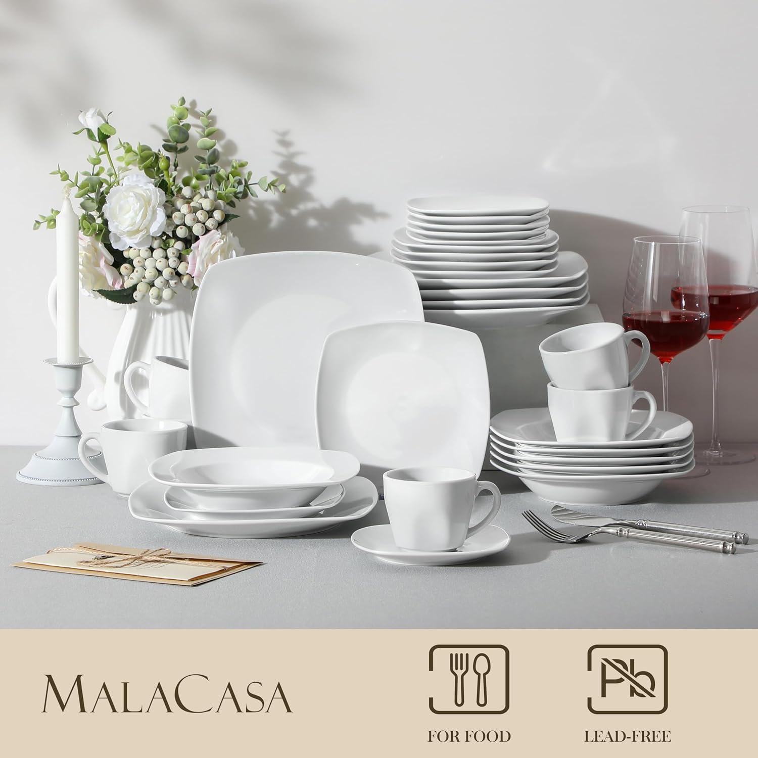 MALACASA, Series Julia servies 60-Delig combi 12 Stuks Over dit item Dinersets voor 12 personen: 60-delige dinersets van de MALACASA JULIA-serie bevatten elk 12: 23,4 cm dinerborden, 16,8 cm kleine dessertborden, 240 ml soepborden van 8 inch en 200 ml 4 i